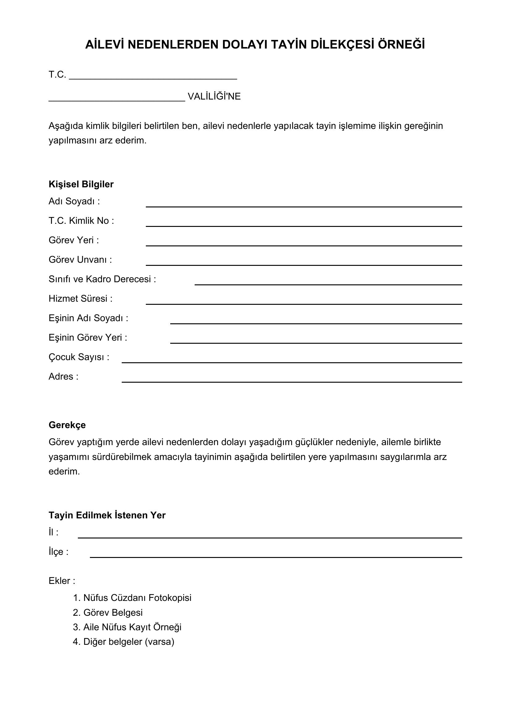Ailevi Nedenlerden Dolayı Tayin Dilekçesi Örneği
