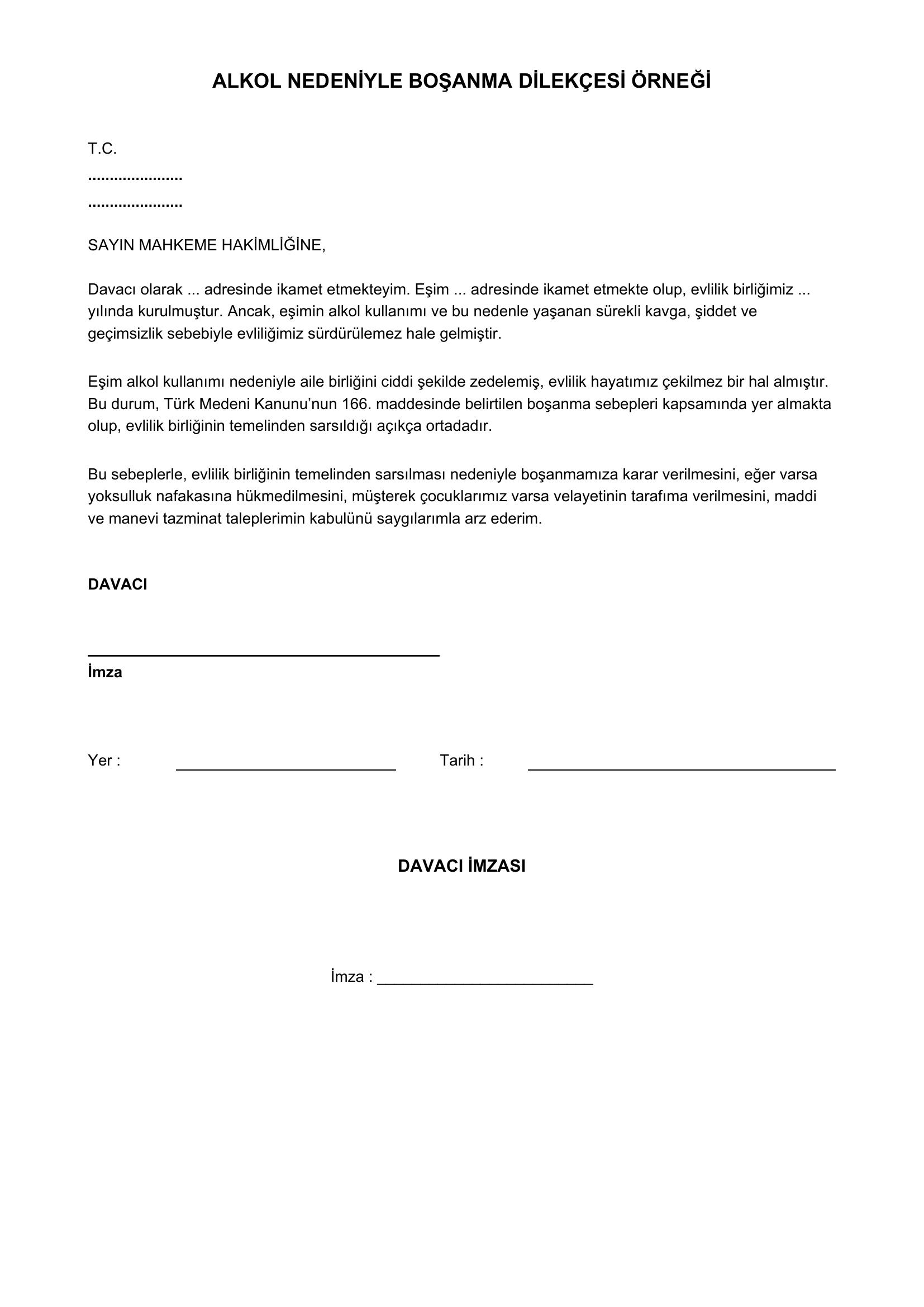 Alkol Nedeniyle Bosanma Dilekçesi Örneği