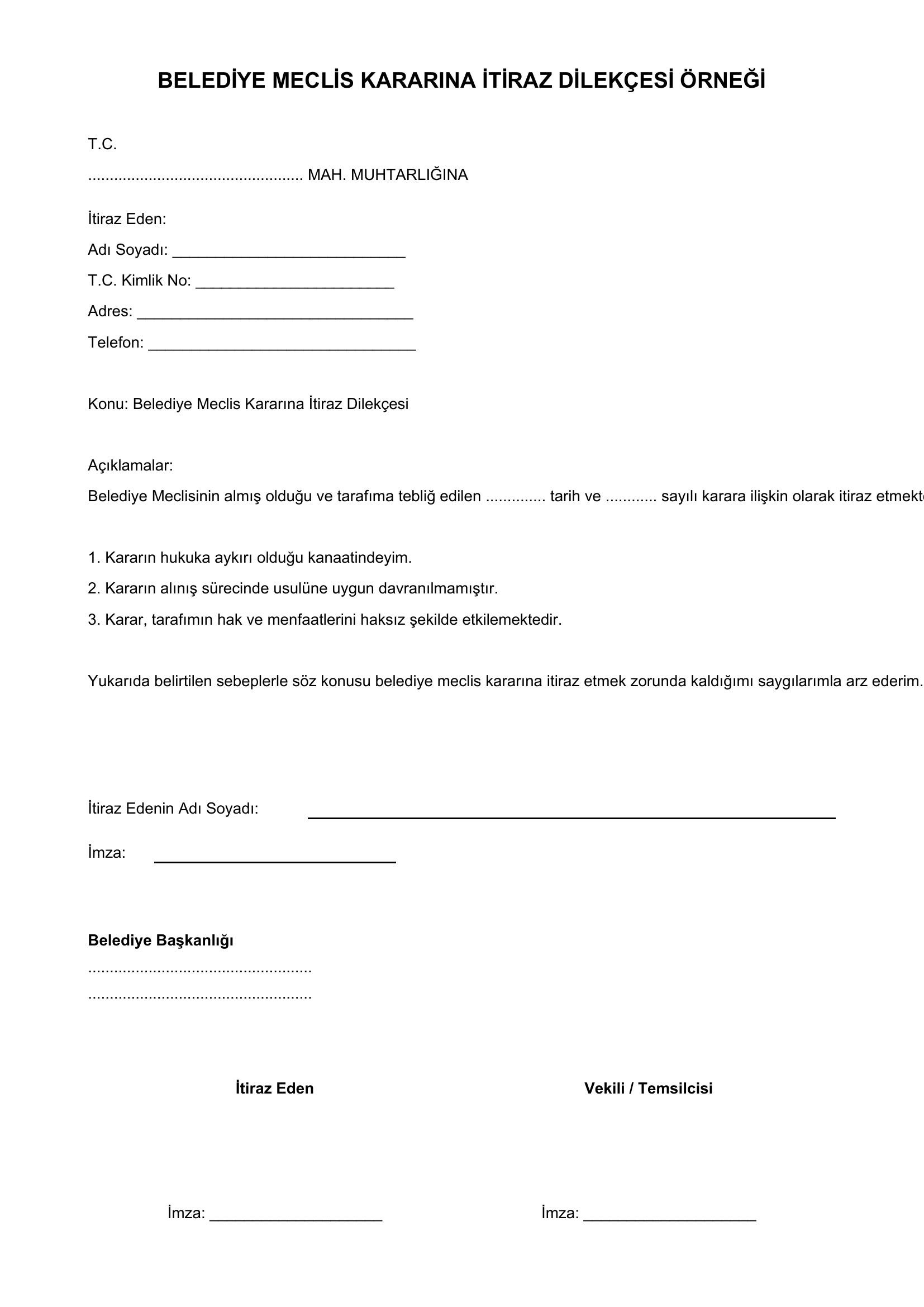Belediye Meclis Kararına Itiraz Dilekçesi Örneği