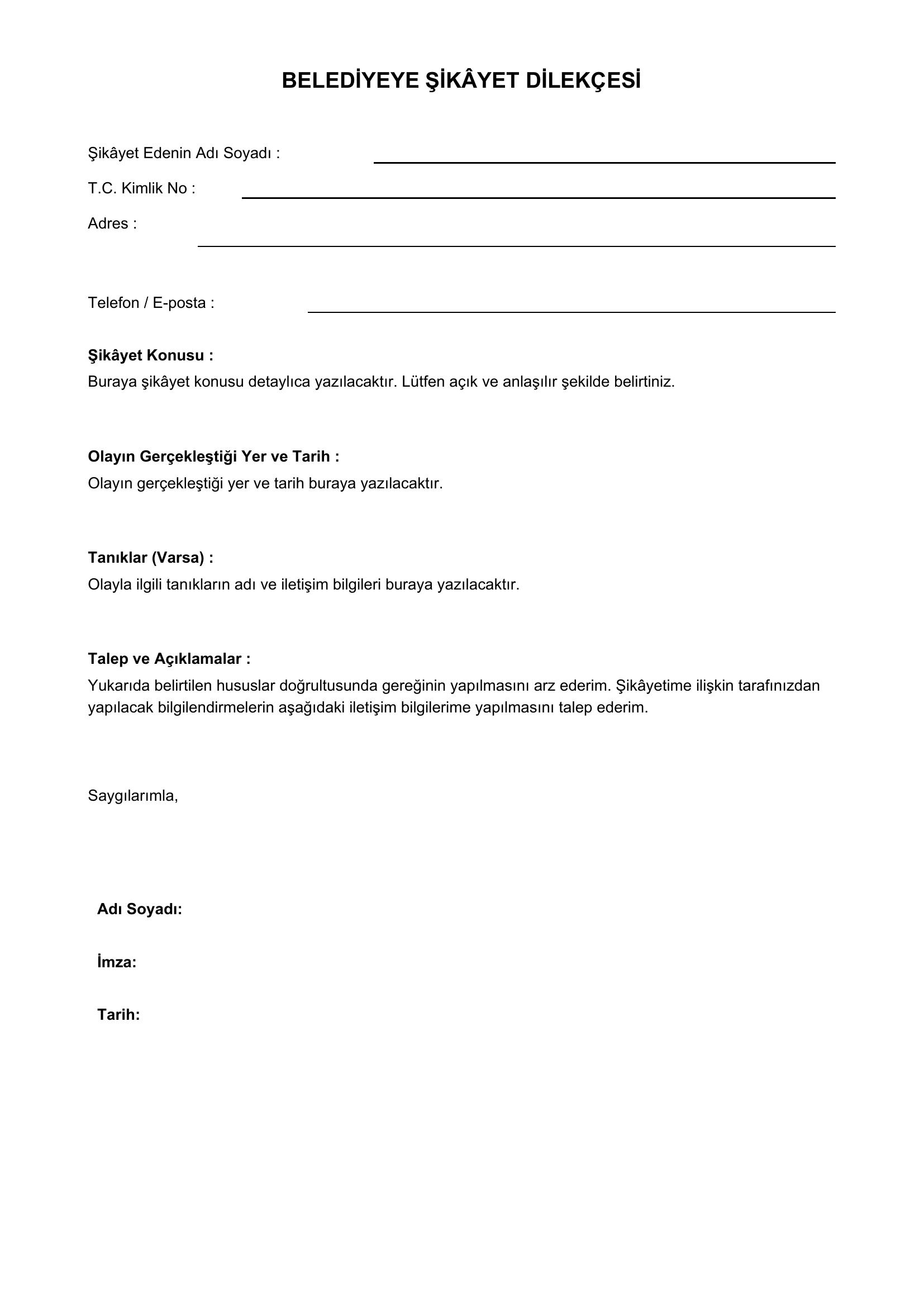 Belediyeye Şikayet Dilekçesi Örneği