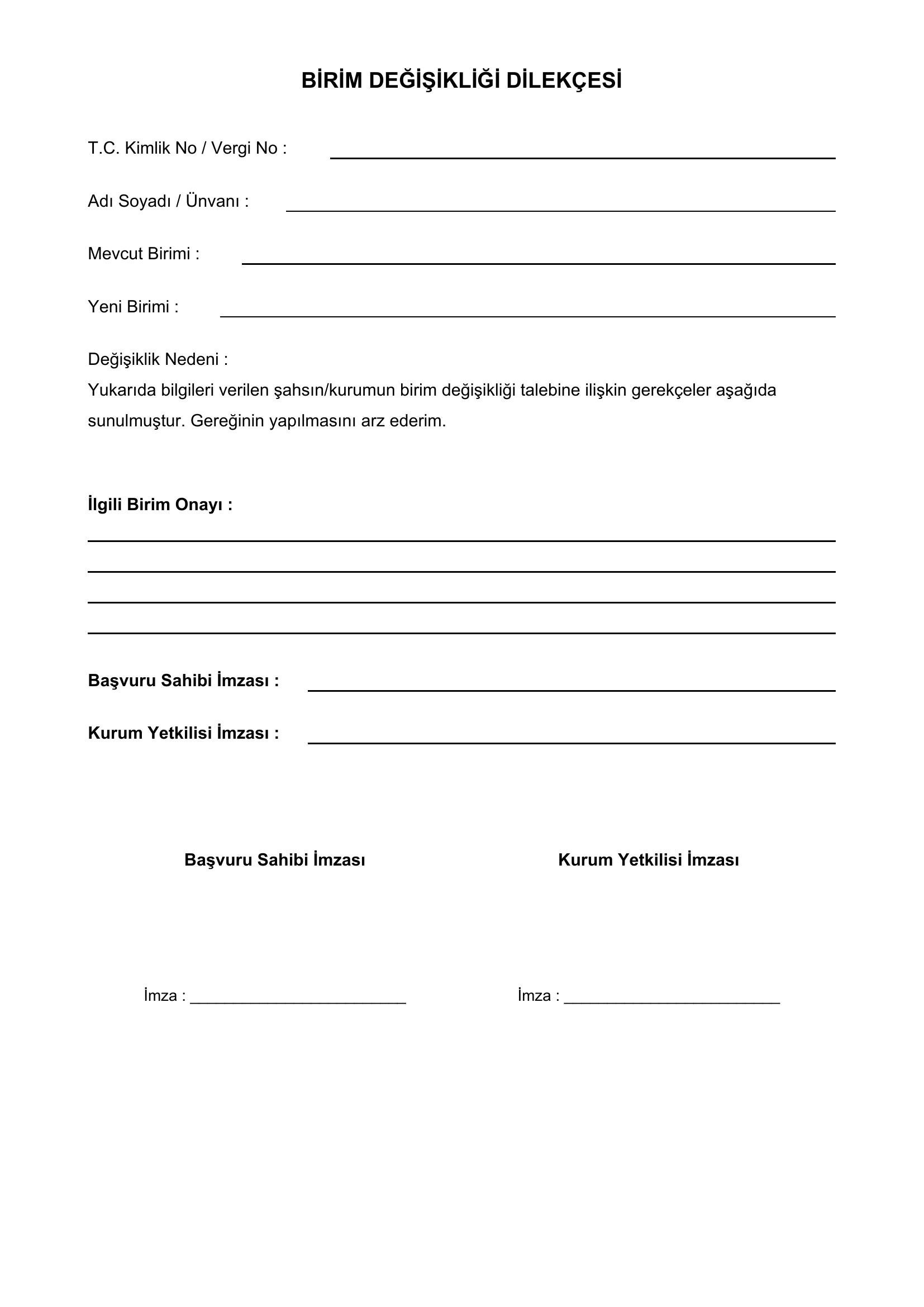 Birim Değişikliği Dilekçesi