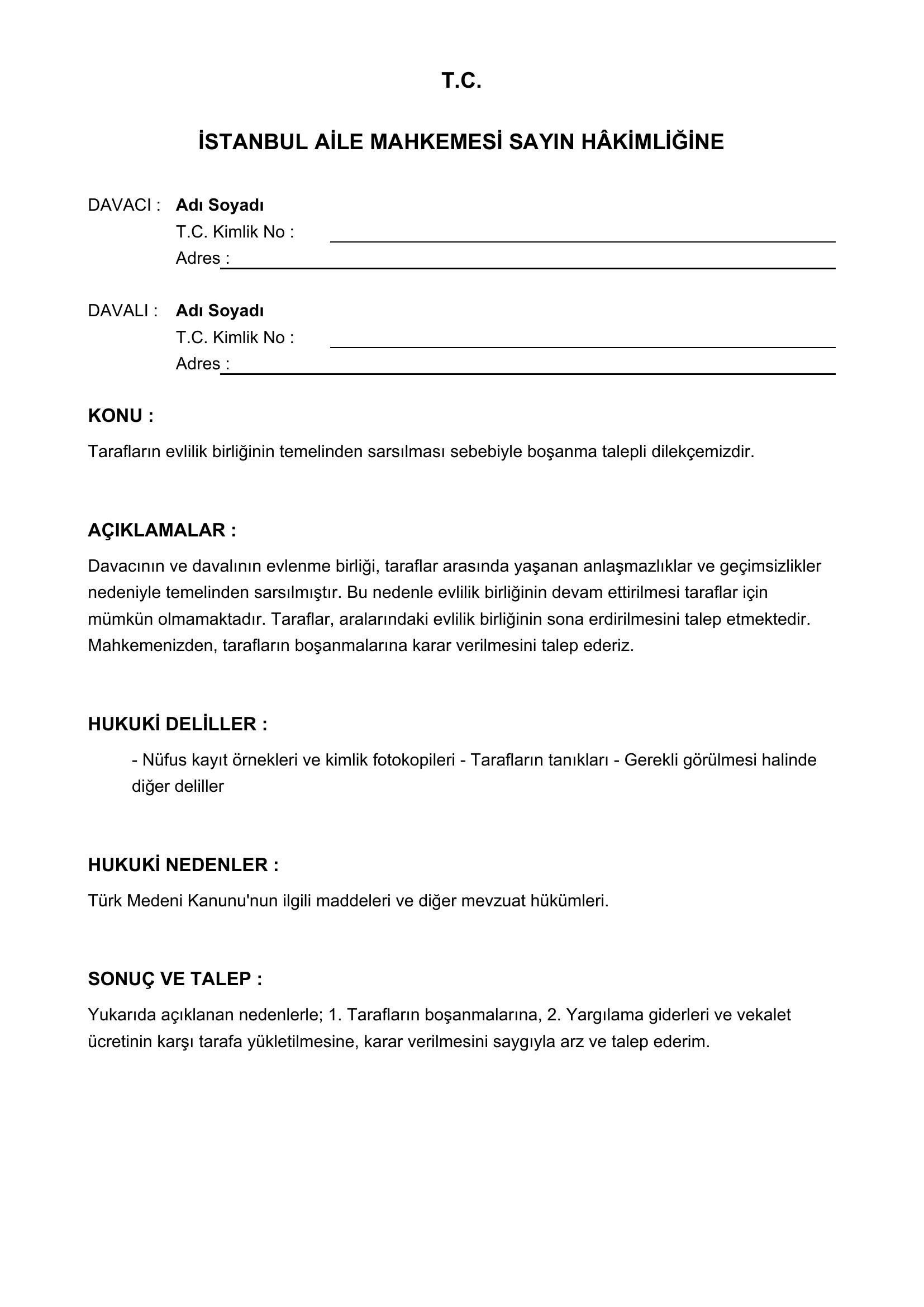 Boşanma Dilekçesi