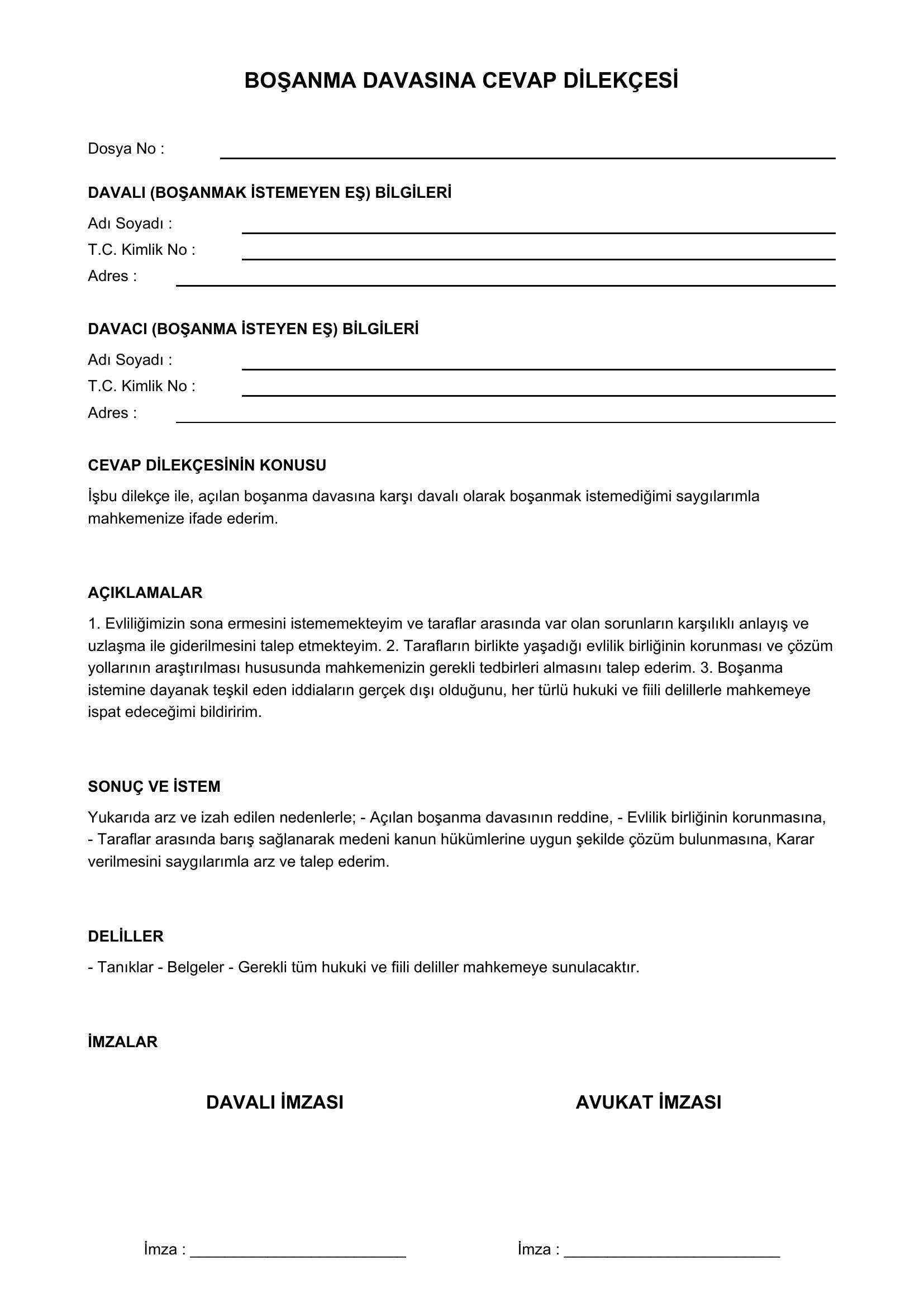 Boşanmak Istemeyen Eş Cevap Dilekçesi Örneği