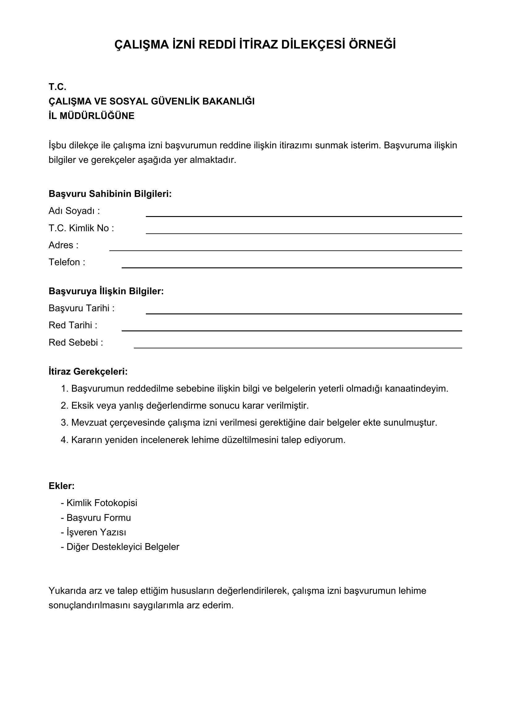 Çalışma Izni Reddi Itiraz Dilekçesi Örneği