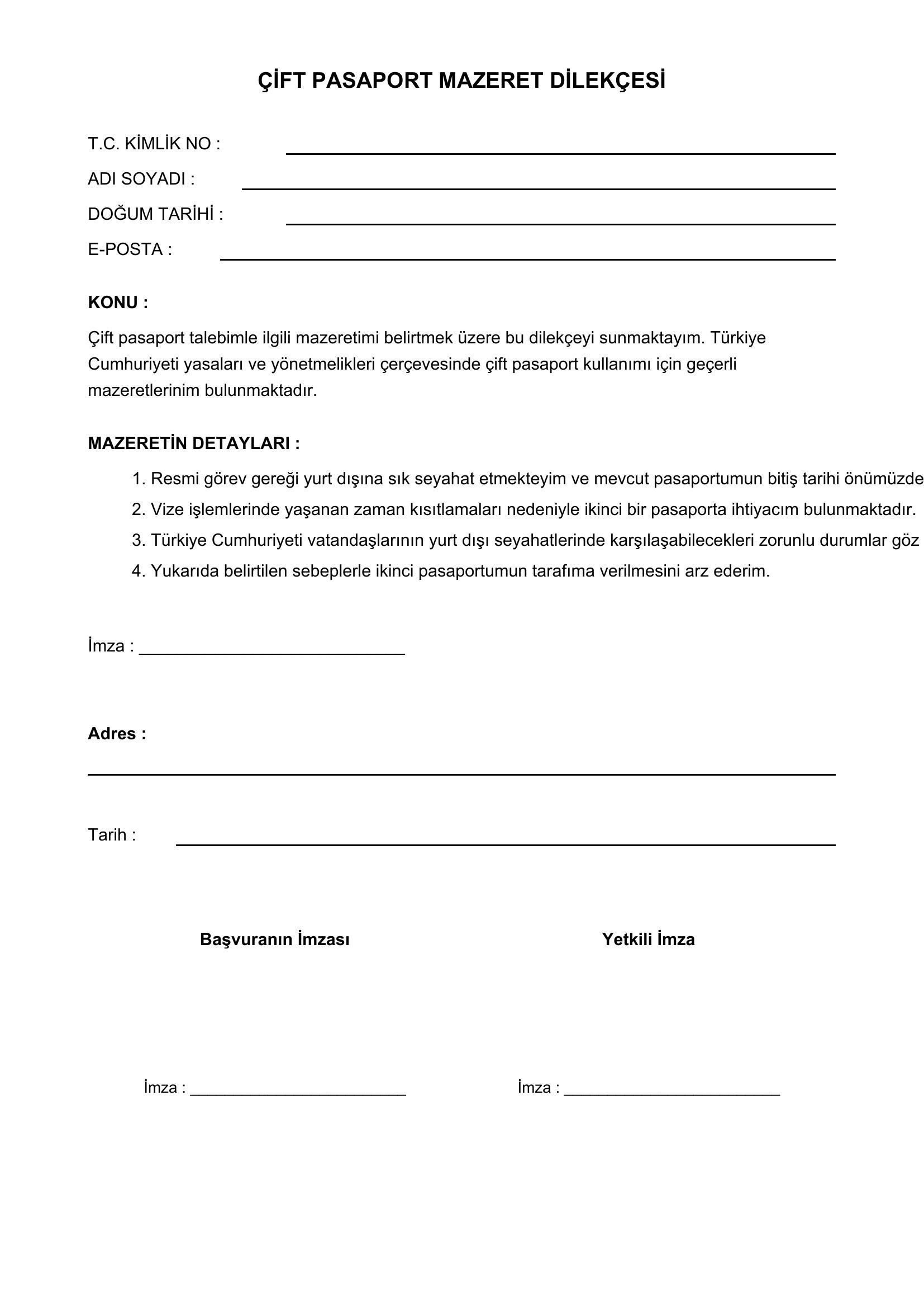 Çift Pasaport Mazeret Dilekçesi