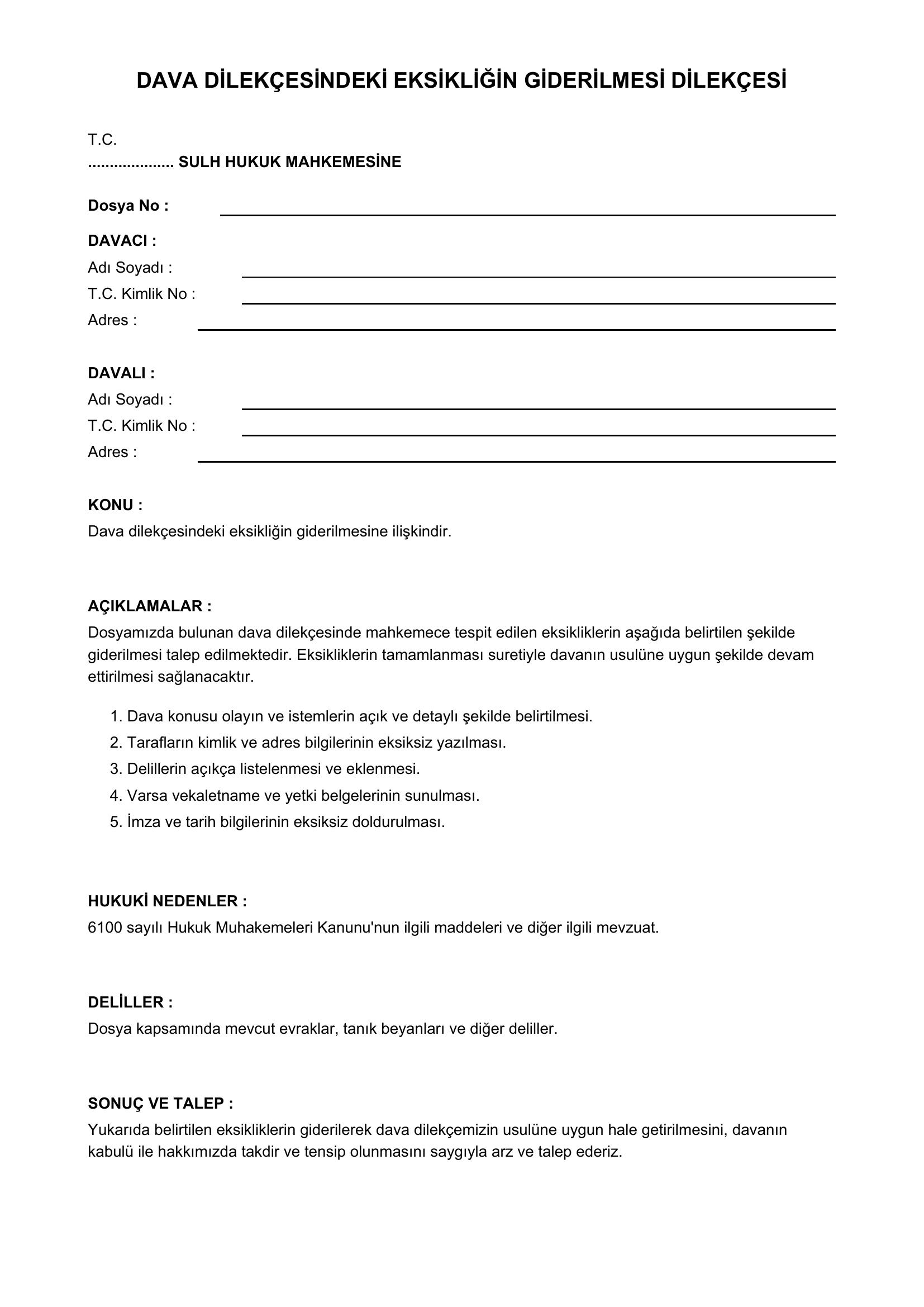 Dava Dilekçesindeki Eksikliğin Giderilmesi Dilekçesi Örneği