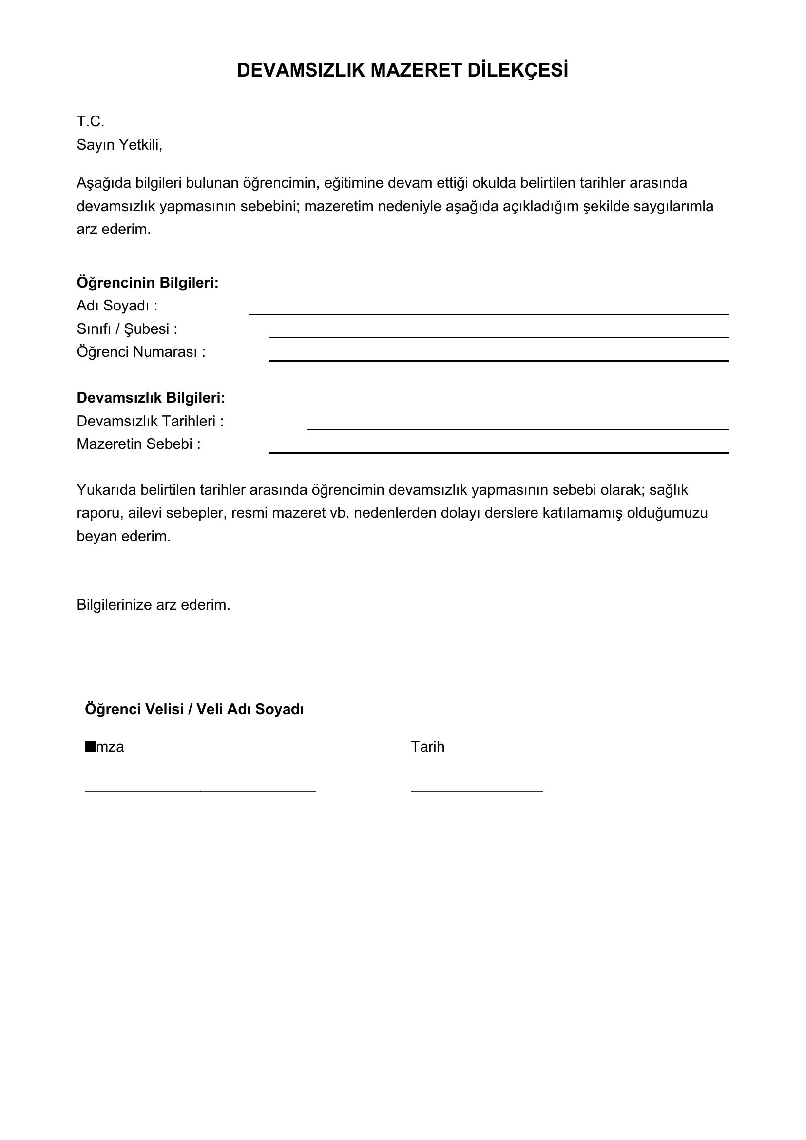 Devamsızlık Mazeret Dilekçesi