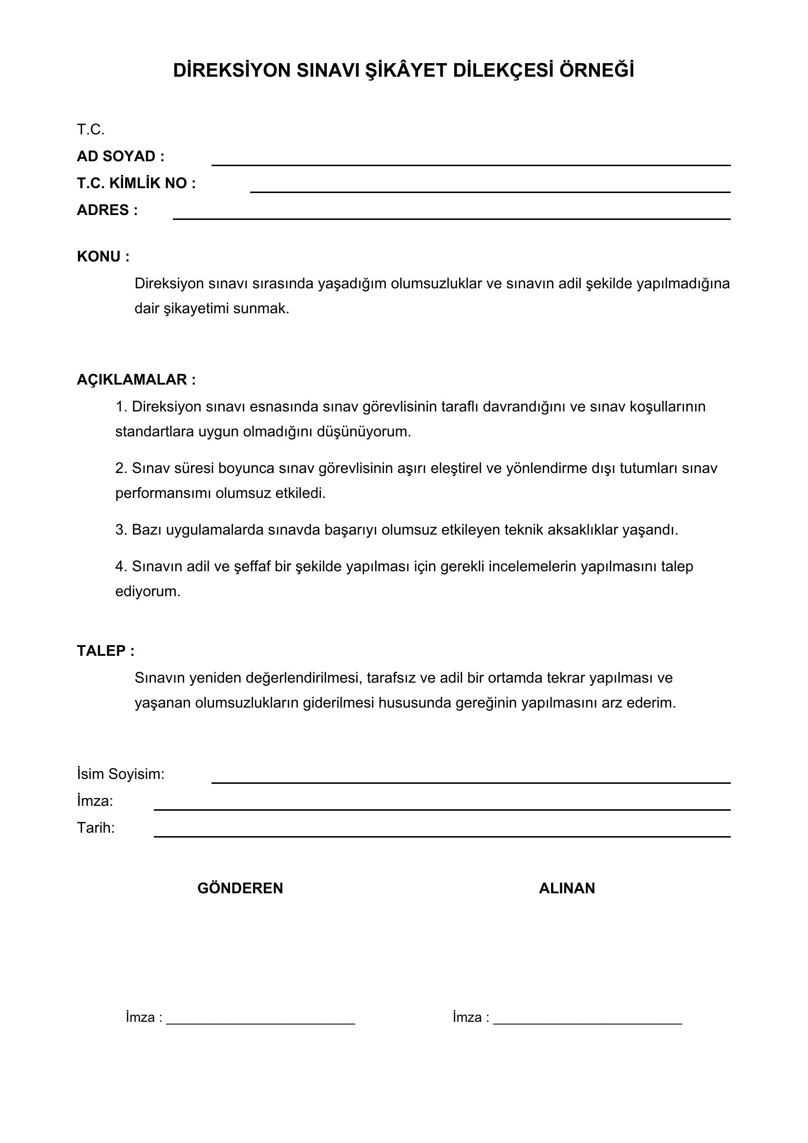 Direksiyon Sınavı Şikayet Dilekçesi Örneği