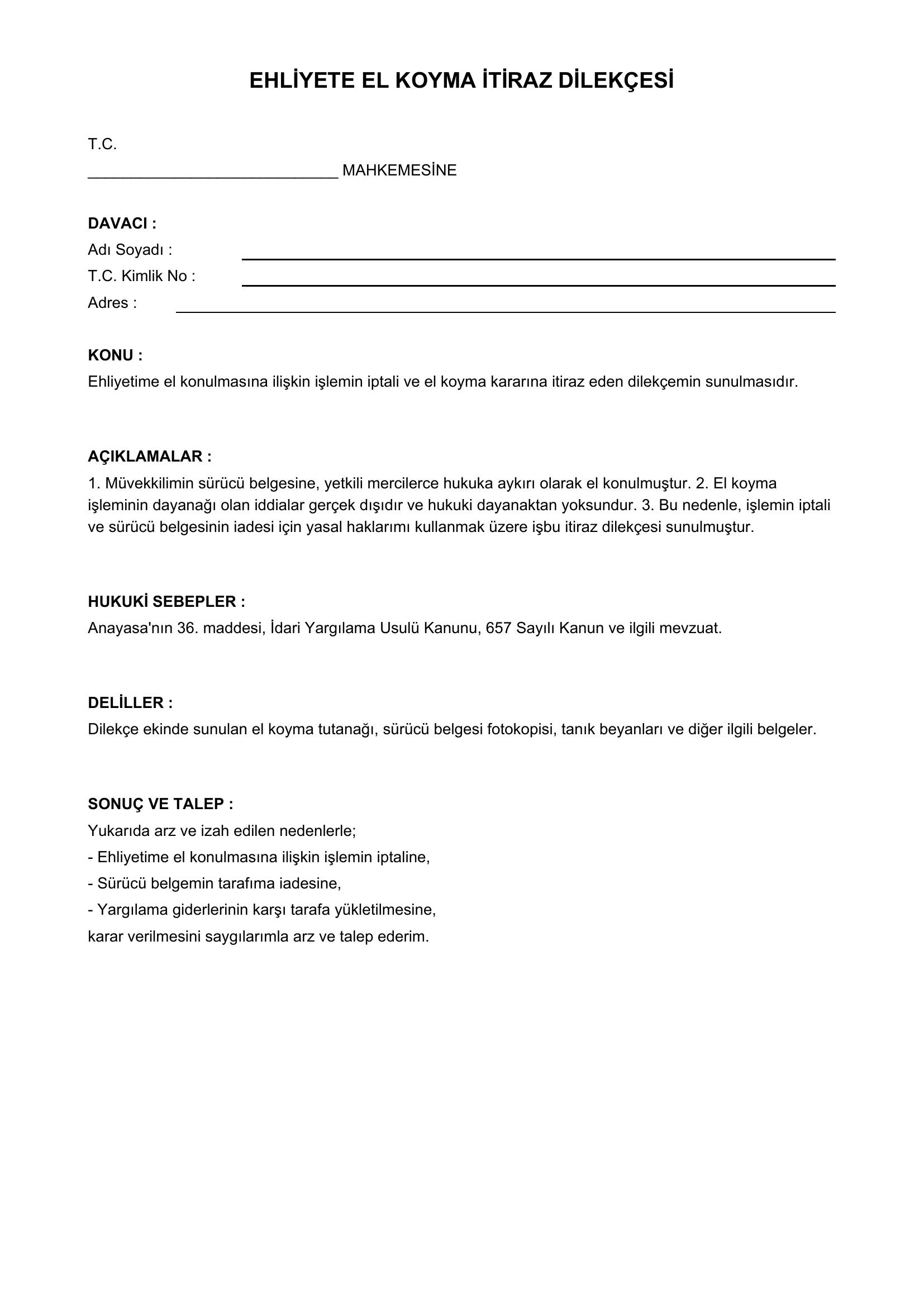 Ehliyete El Koyma Itiraz Dilekçesi