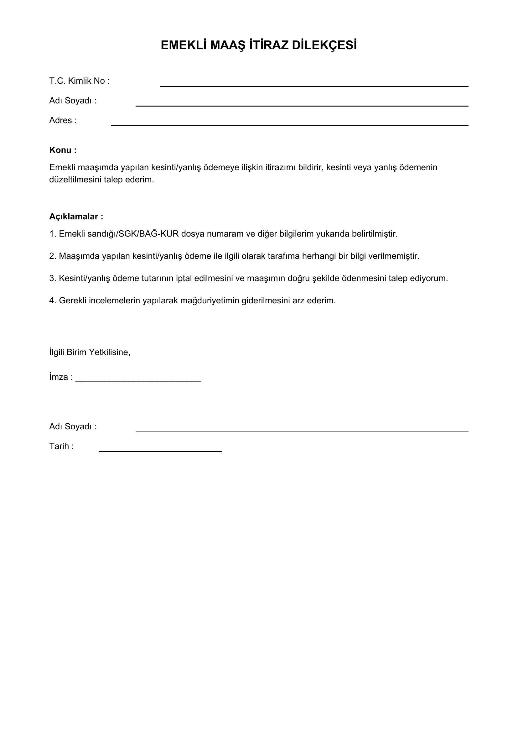 Emekli Maaş Itiraz Dilekçesi Örneği