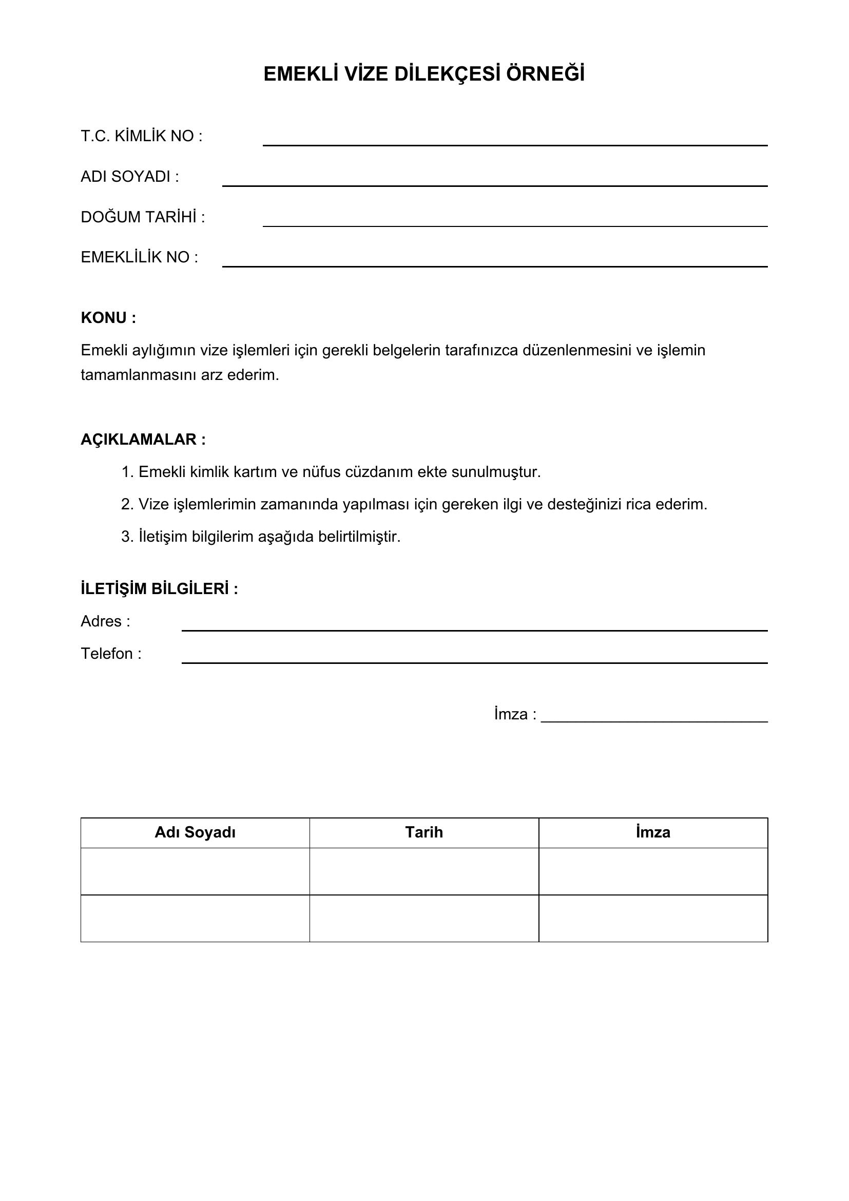 Emekli Vize Dilekçesi Örneği