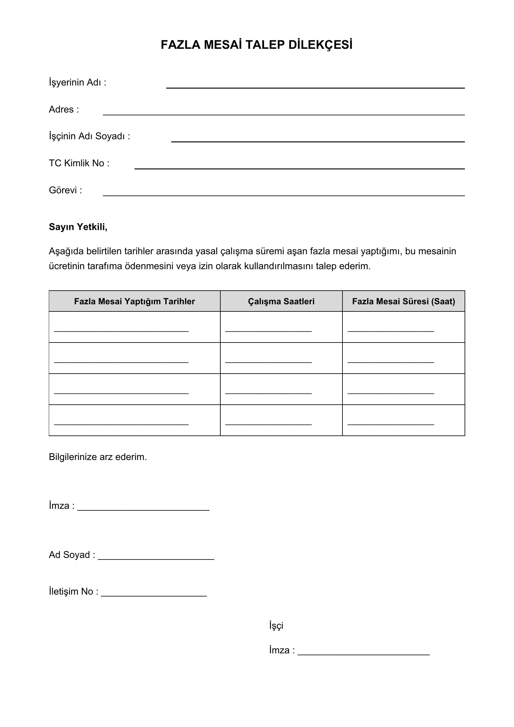Fazla Mesai Dilekçesi Örneği