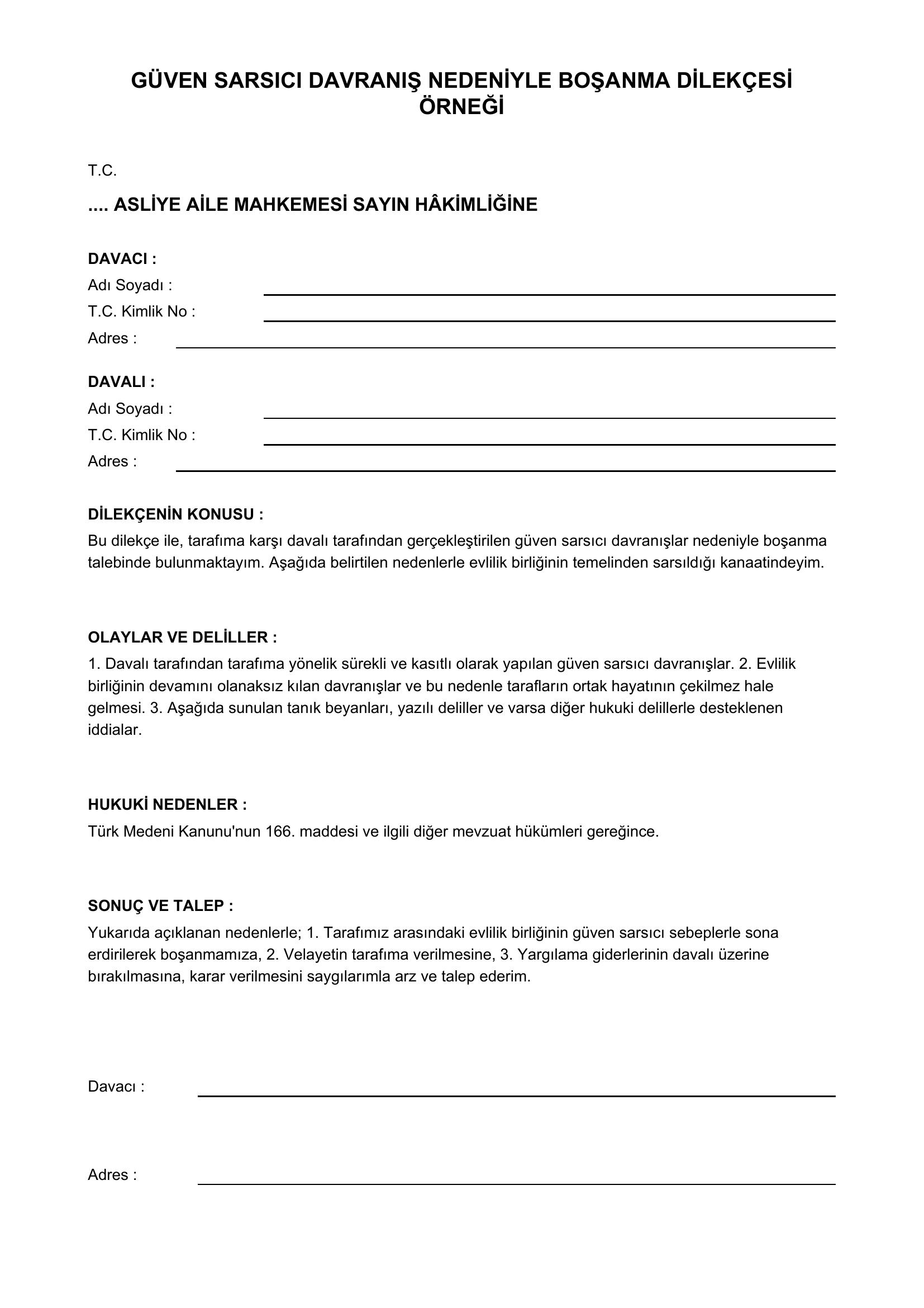 Güven Sarsıcı Davranış Nedeniyle Boşanma Dilekçesi Örneği