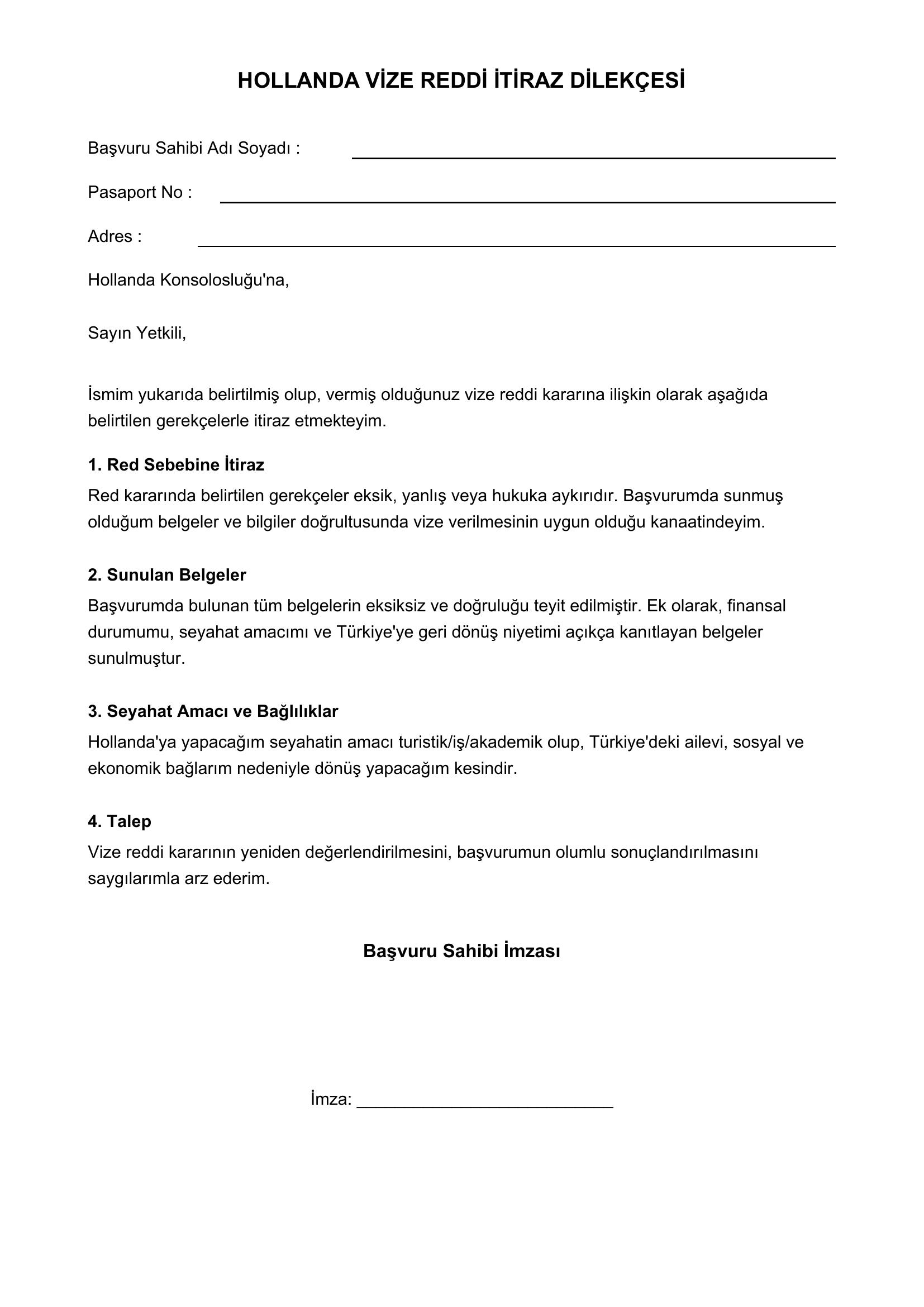 Hollanda Vize Reddi Itiraz Dilekçesi