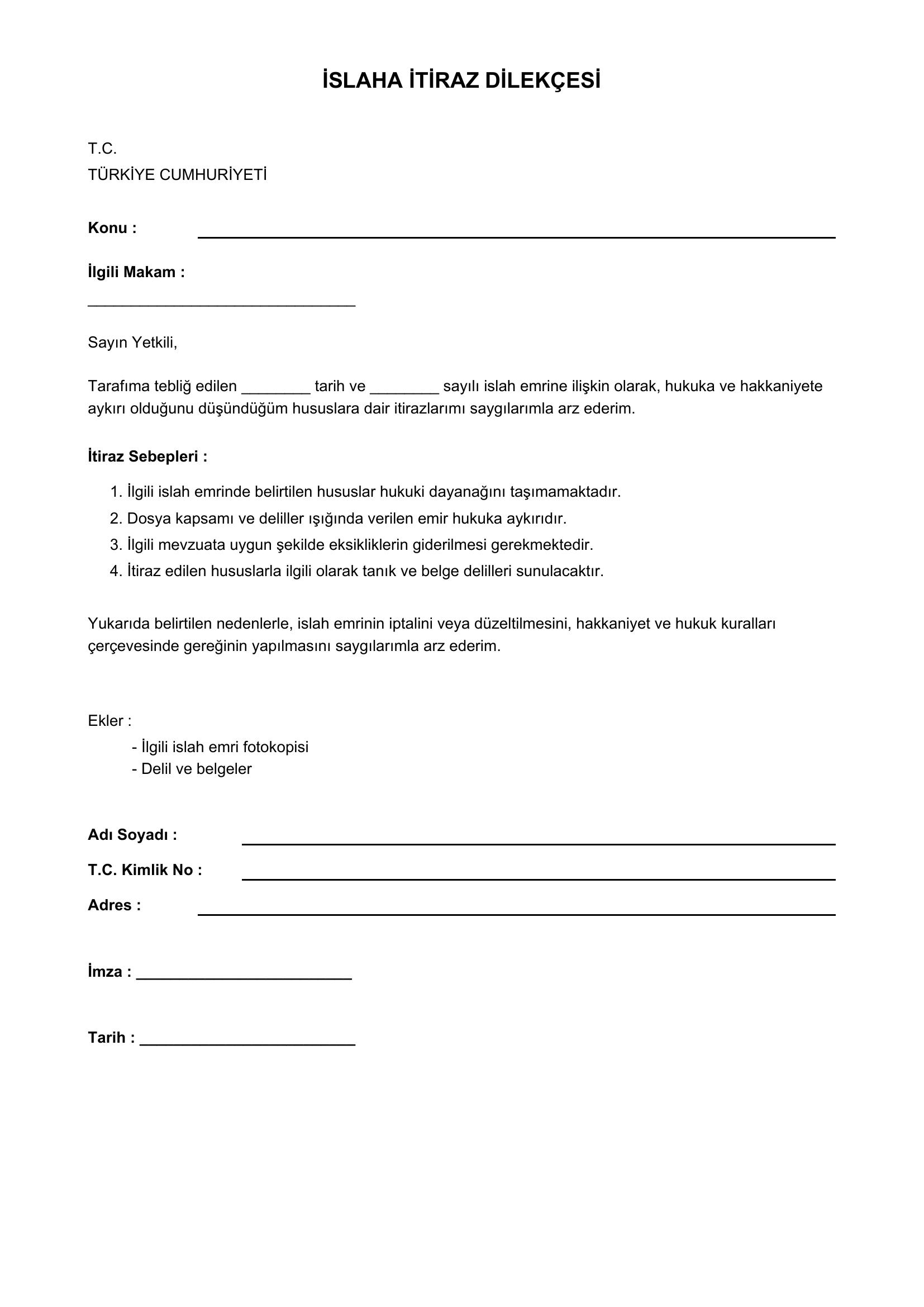 Islaha Itiraz Dilekçesi