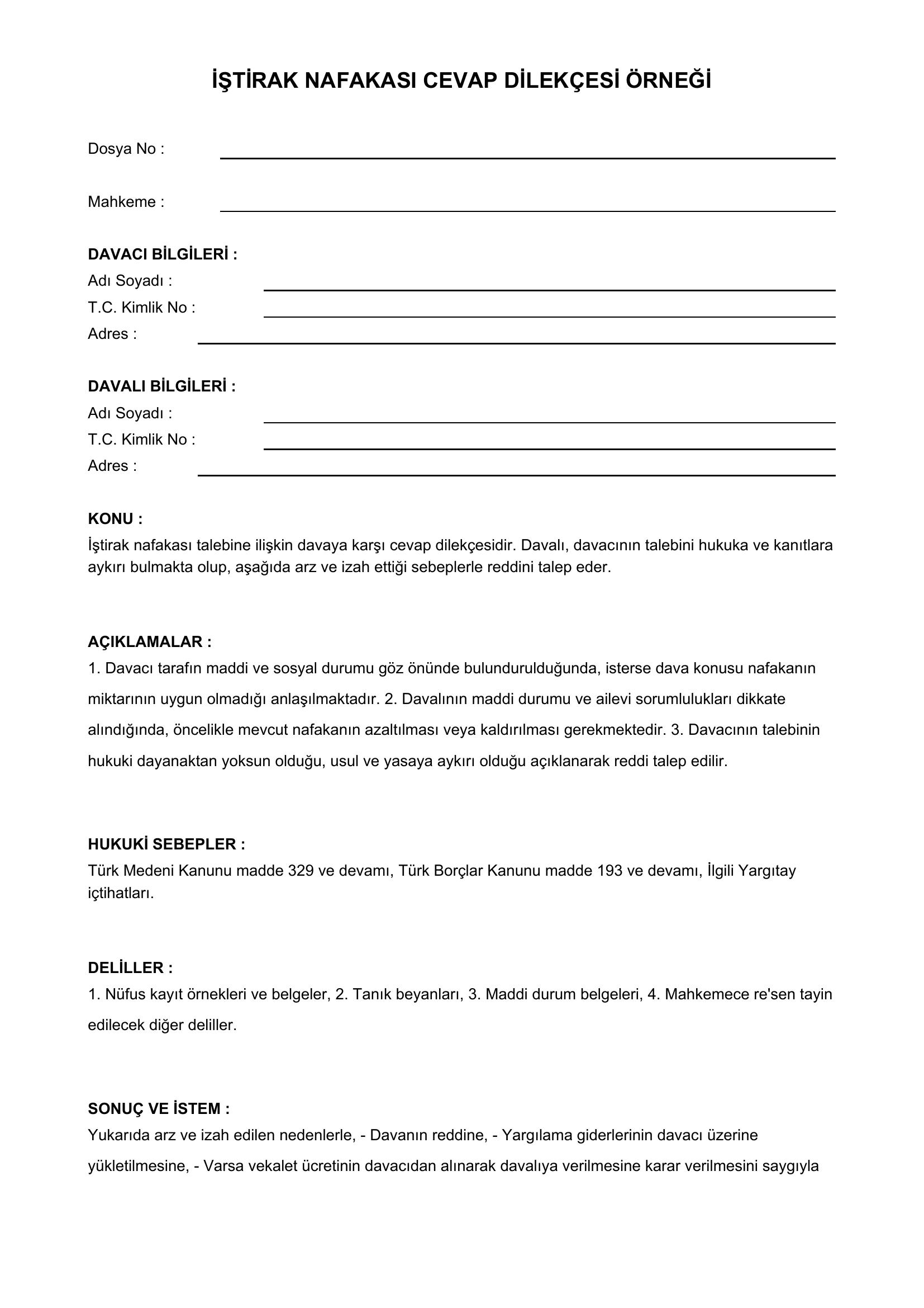 Iştirak Nafakası Cevap Dilekçesi Örneği