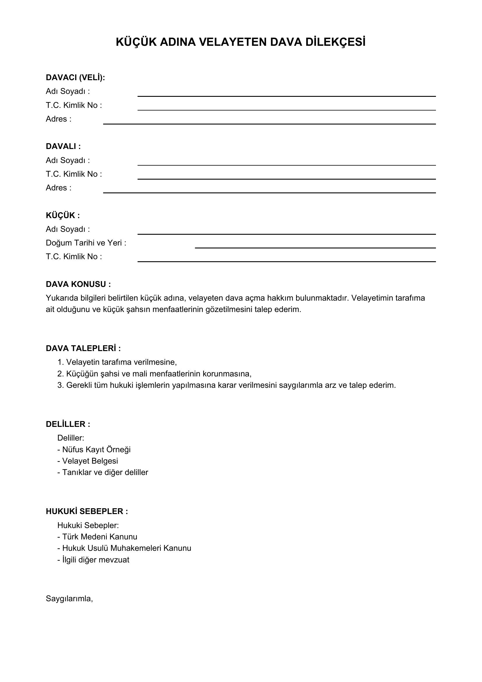 Küçük Adına Velayeten Dava Dilekçesi Örneği