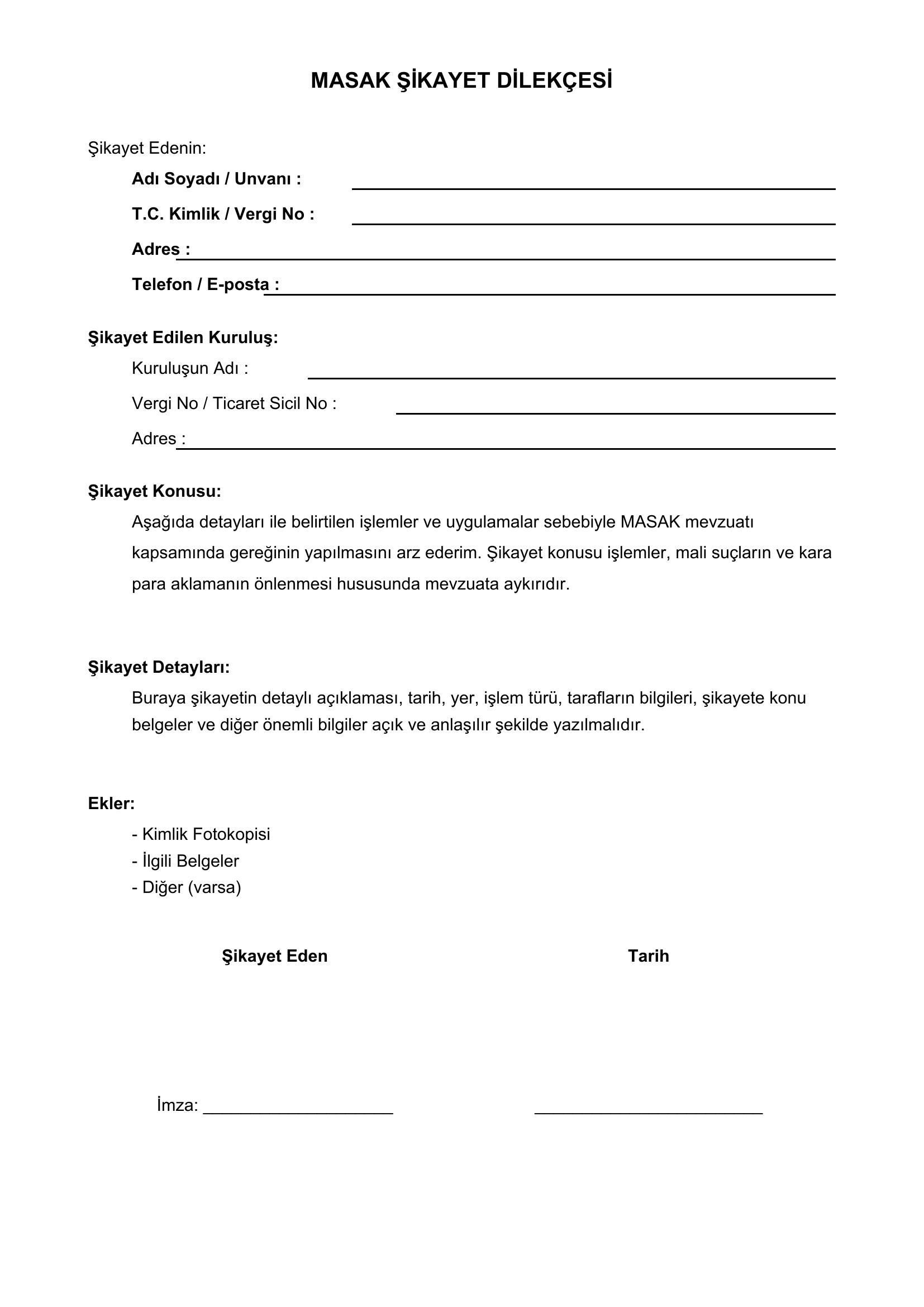 Masak Şikayet Dilekçesi Örneği