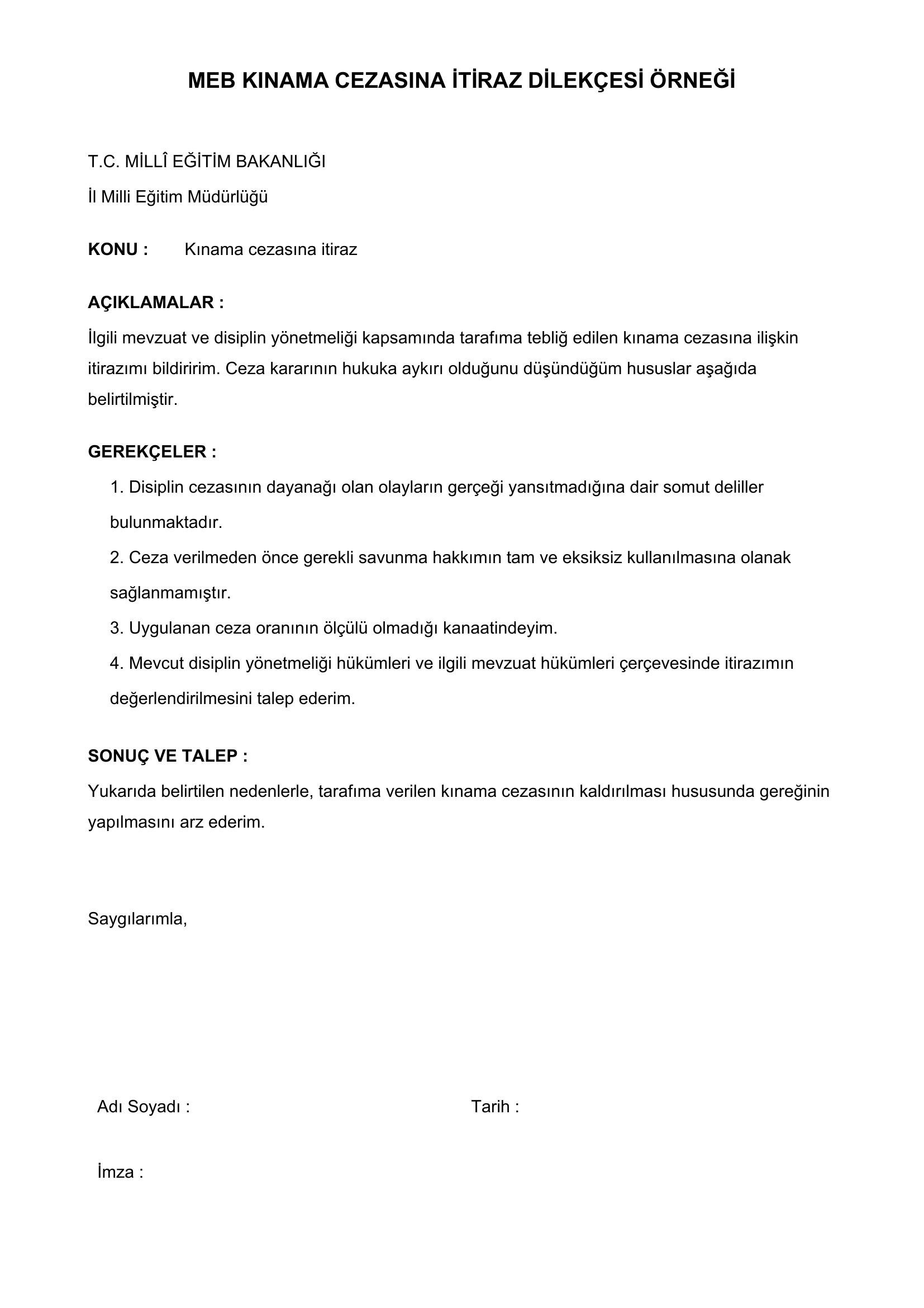 Meb Kınama Cezasına Itiraz Dilekçesi Örneği
