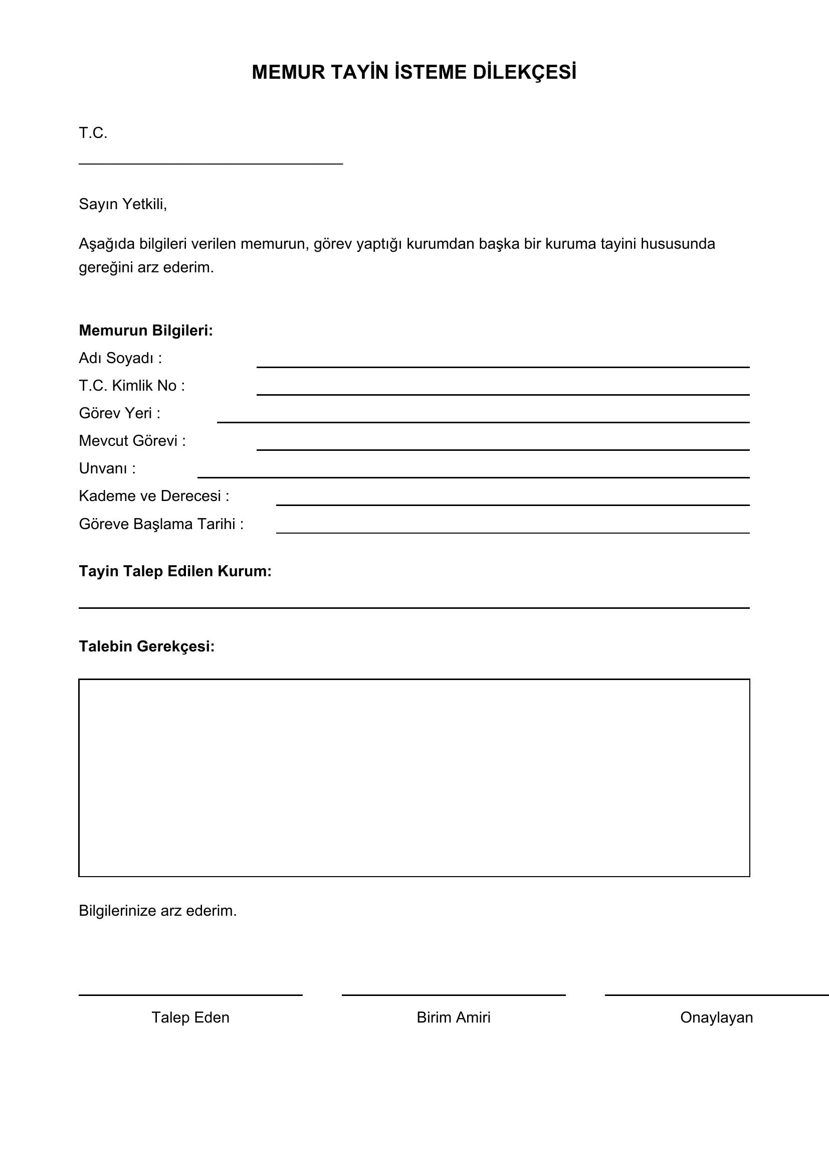 Memur Tayin Isteme Dilekçesi
