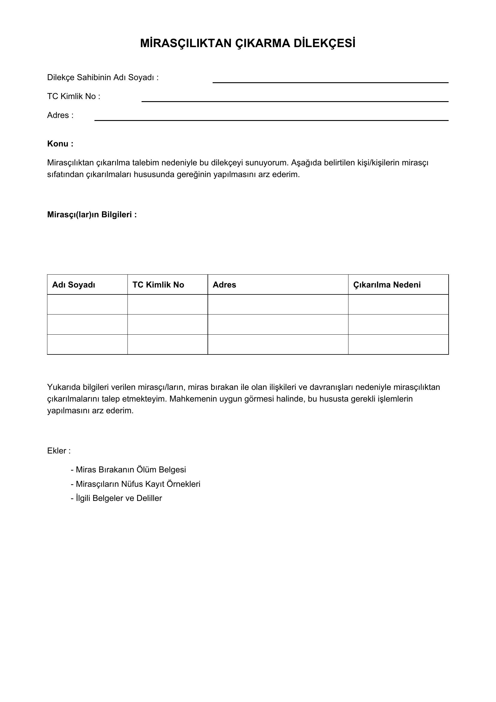 Mirasçılıktan Çıkarma Dilekçesi Örneği