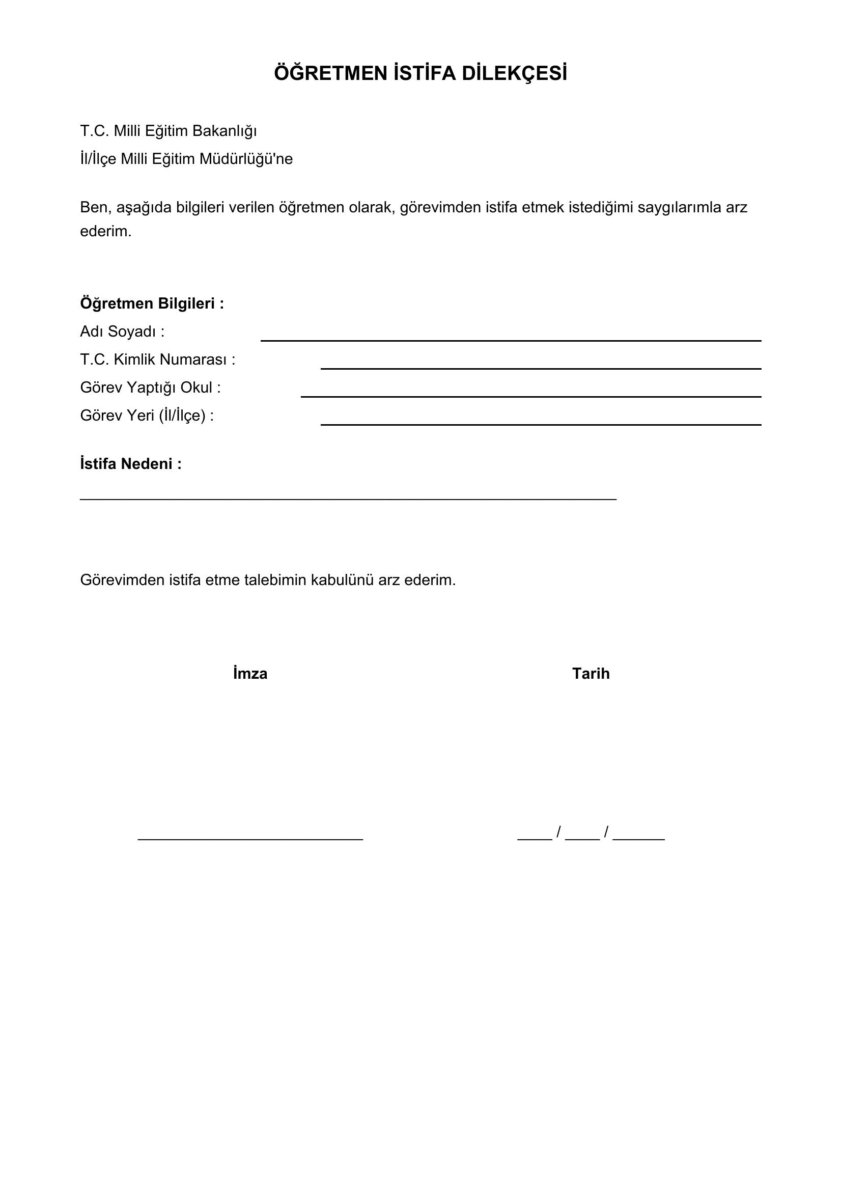 Öğretmen Istifa Dilekçesi