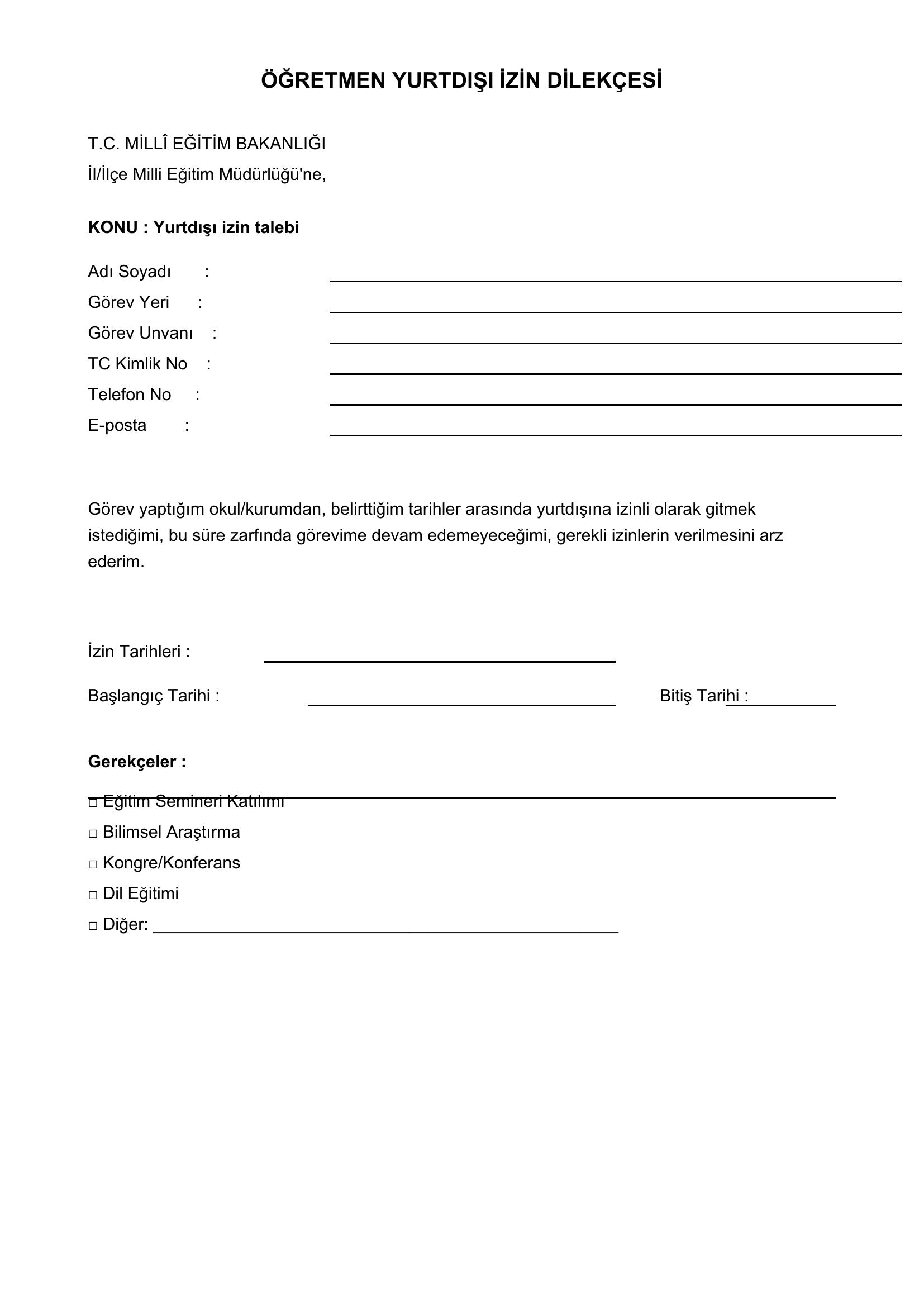 Öğretmen Yurtdışı Izin Dilekçesi