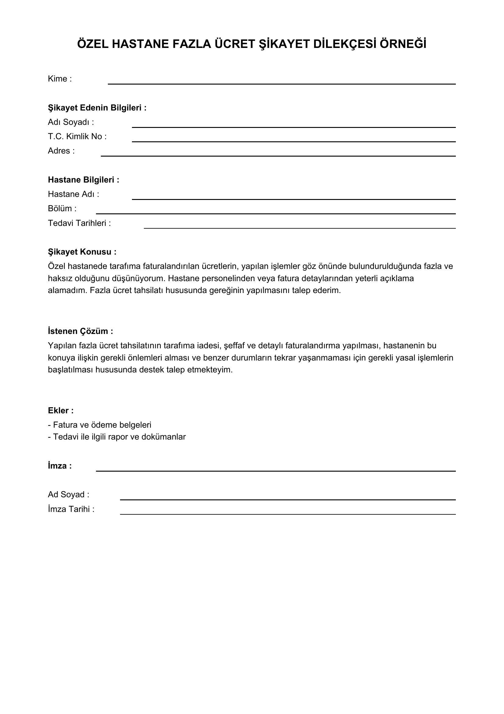 Özel Hastane Fazla Ücret Şikayet Dilekçesi Örneği