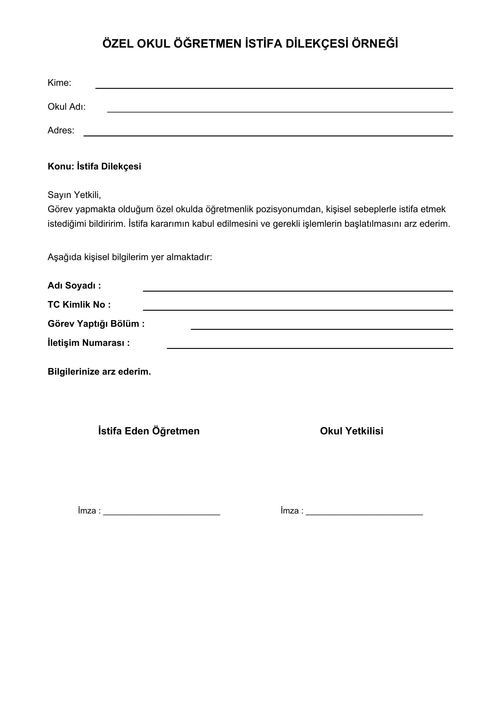 Özel Okul Öğretmen Istifa Dilekçesi Örneği