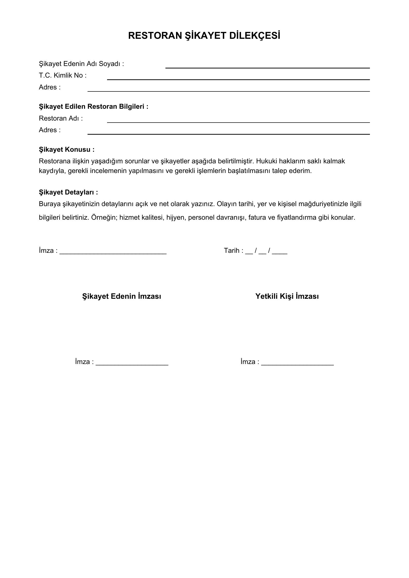 Restoran Şikayet Dilekçesi