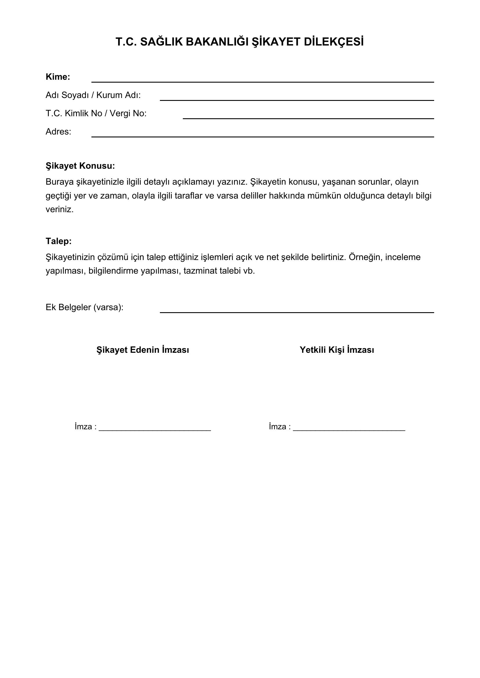 Sağlık Bakanlığı Şikayet Dilekçesi Örneği