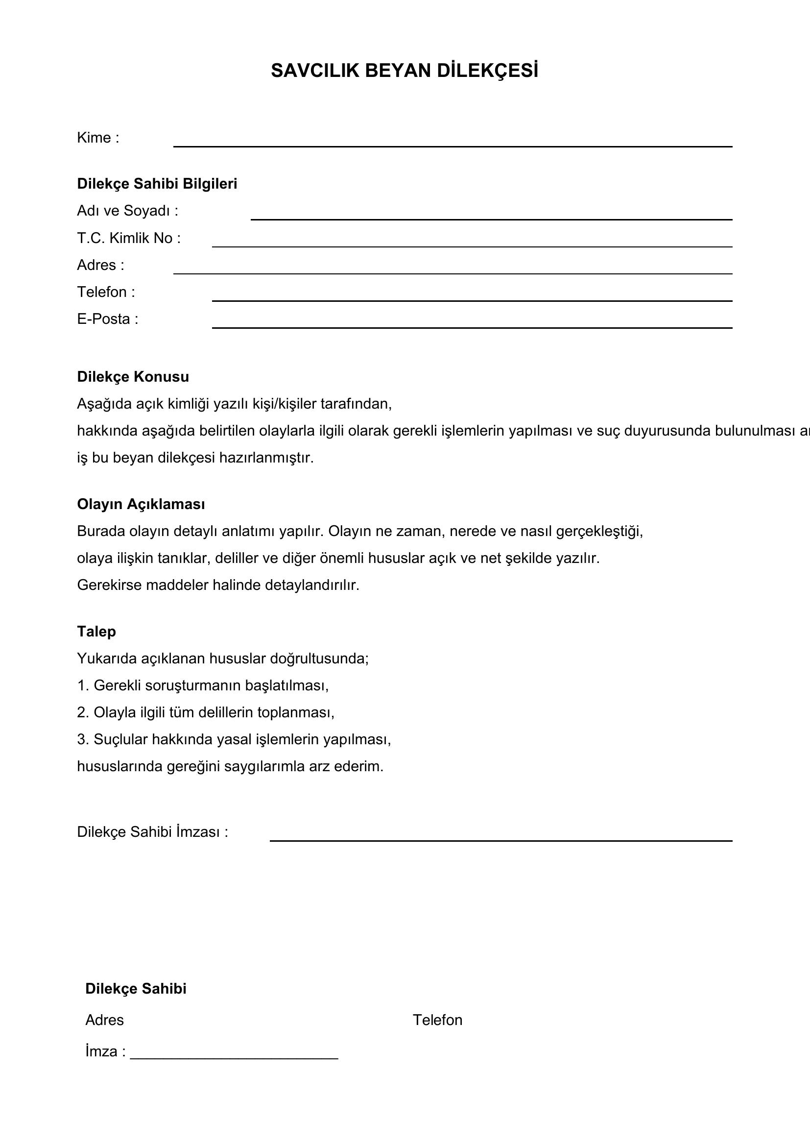 Savcılık Beyan Dilekçesi