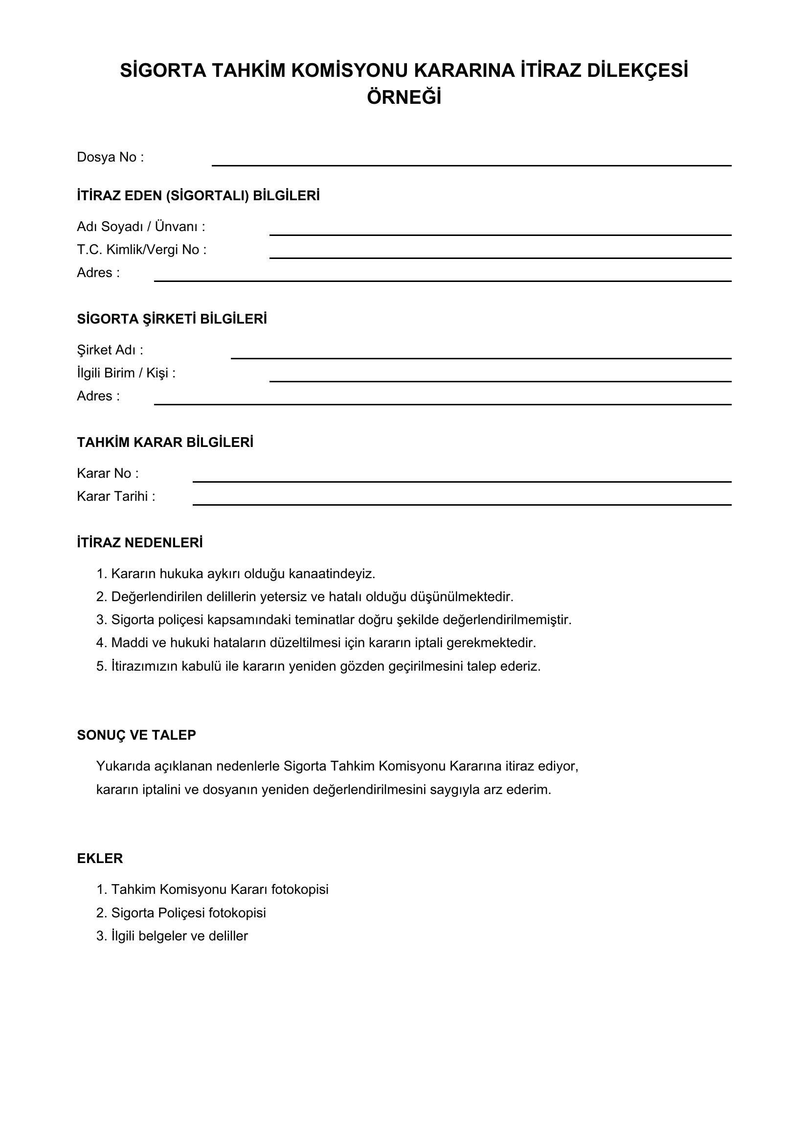 Sigorta Tahkim Komisyonu Kararına Itiraz Dilekçesi Örneği