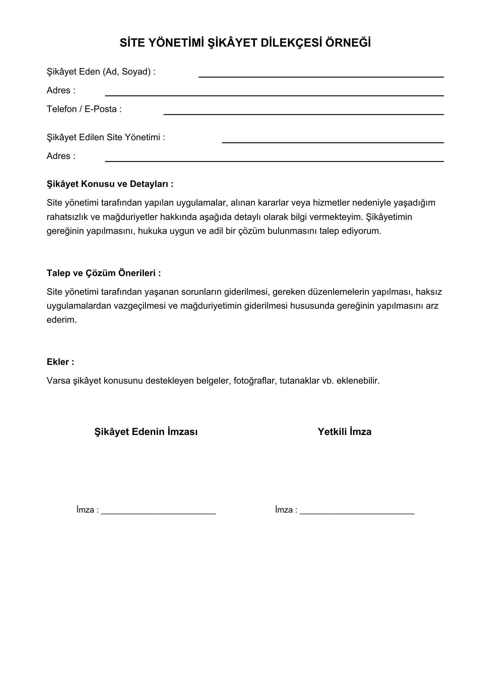 Site Yönetimi Şikayet Dilekçesi Örneği
