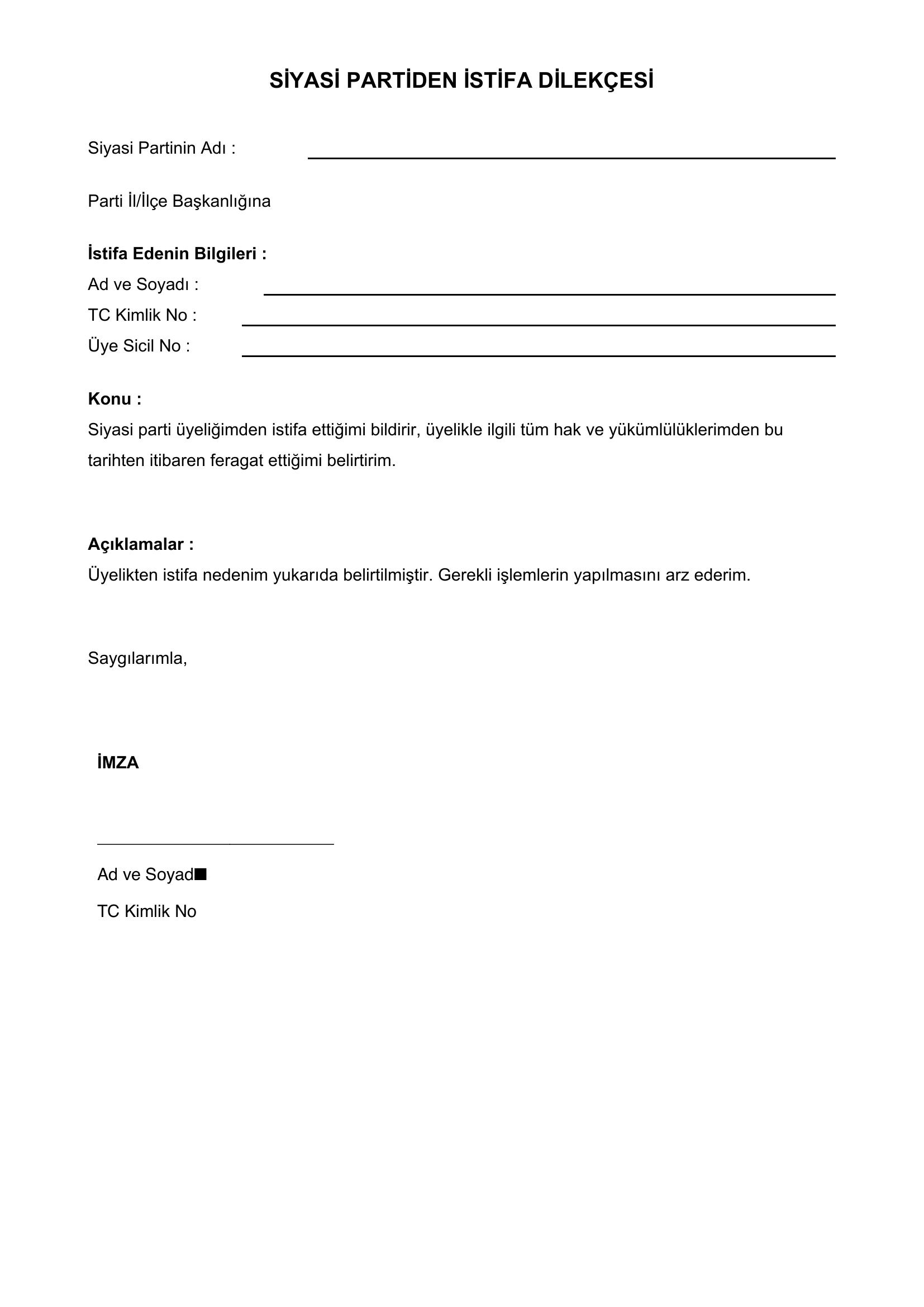 Siyasi Partiden Istifa Dilekçesi Örneği