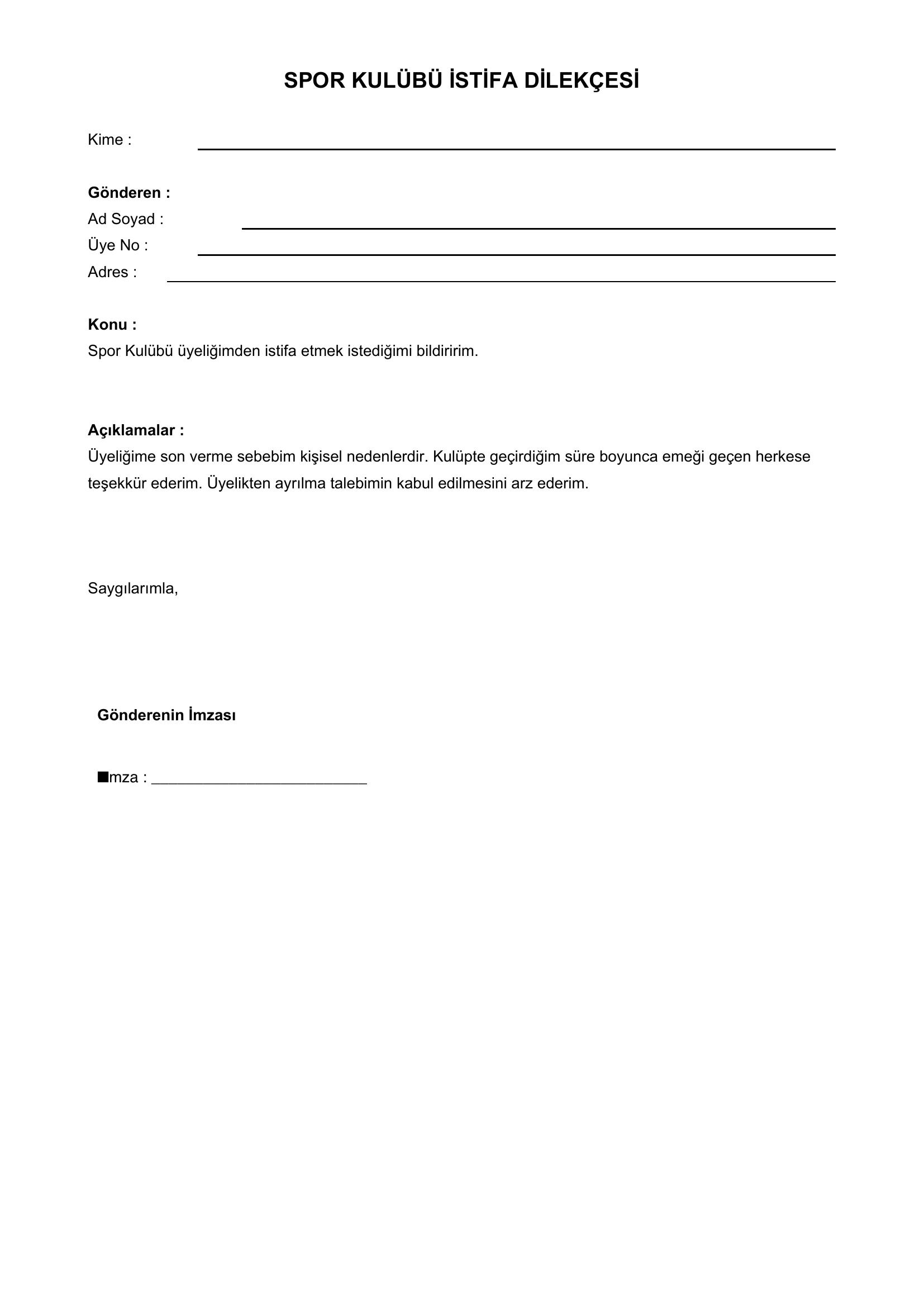 Spor Kulübü Istifa Dilekçesi