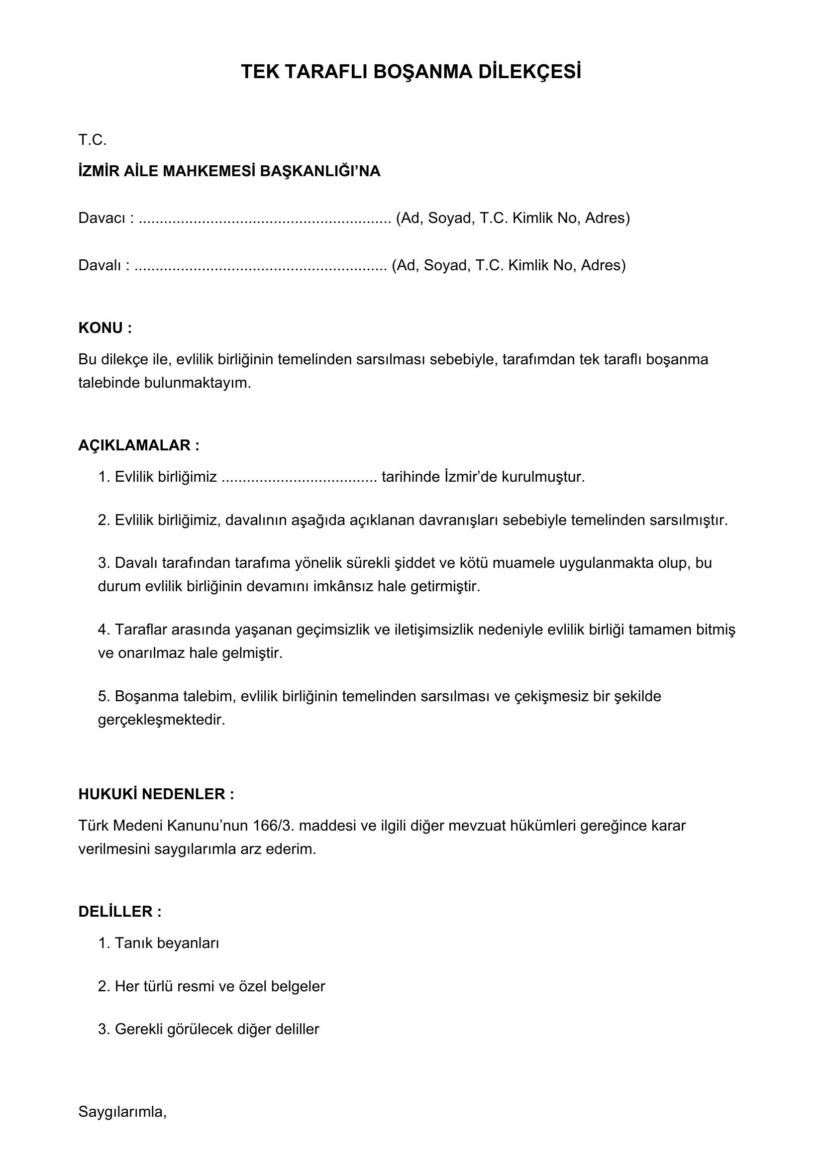 Tek-Tarafli-Bosanma Dilekçesi Örneği
