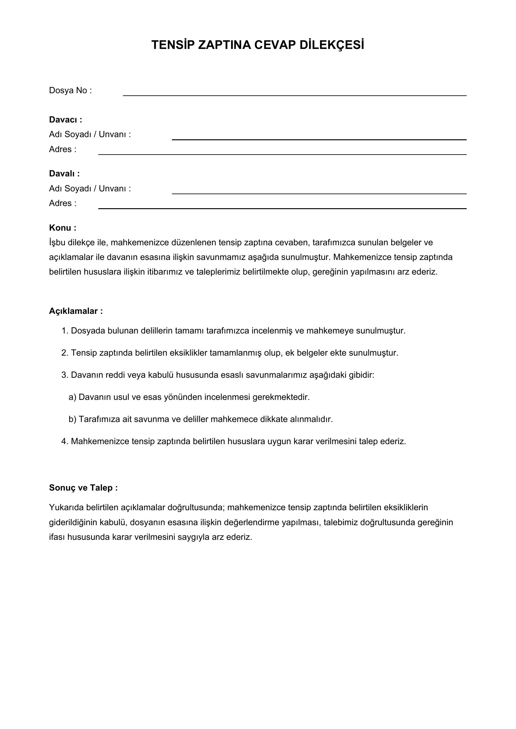 Tensip Zaptına Cevap Dilekçesi