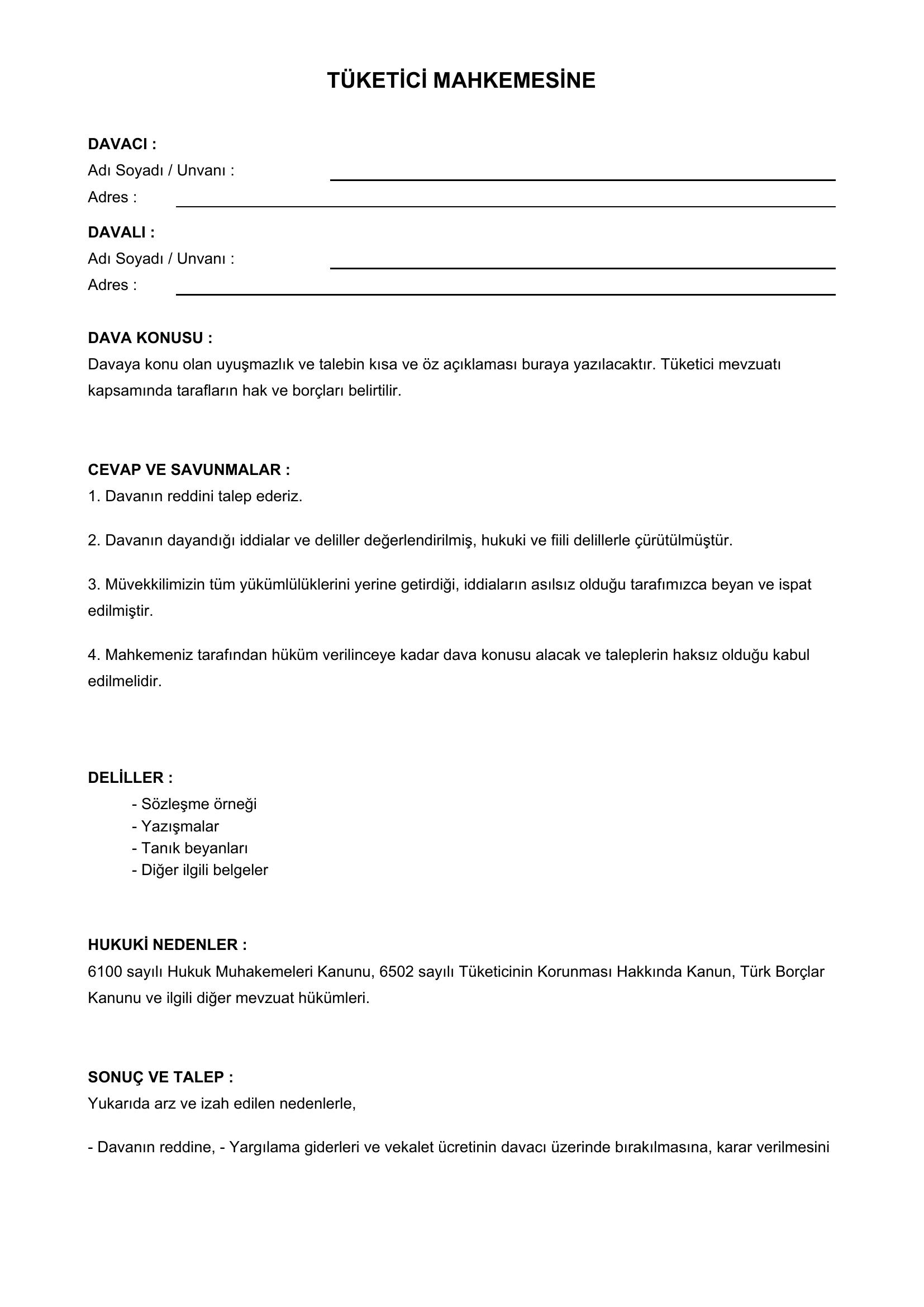 Tüketici Mahkemesi Cevap Dilekçesi