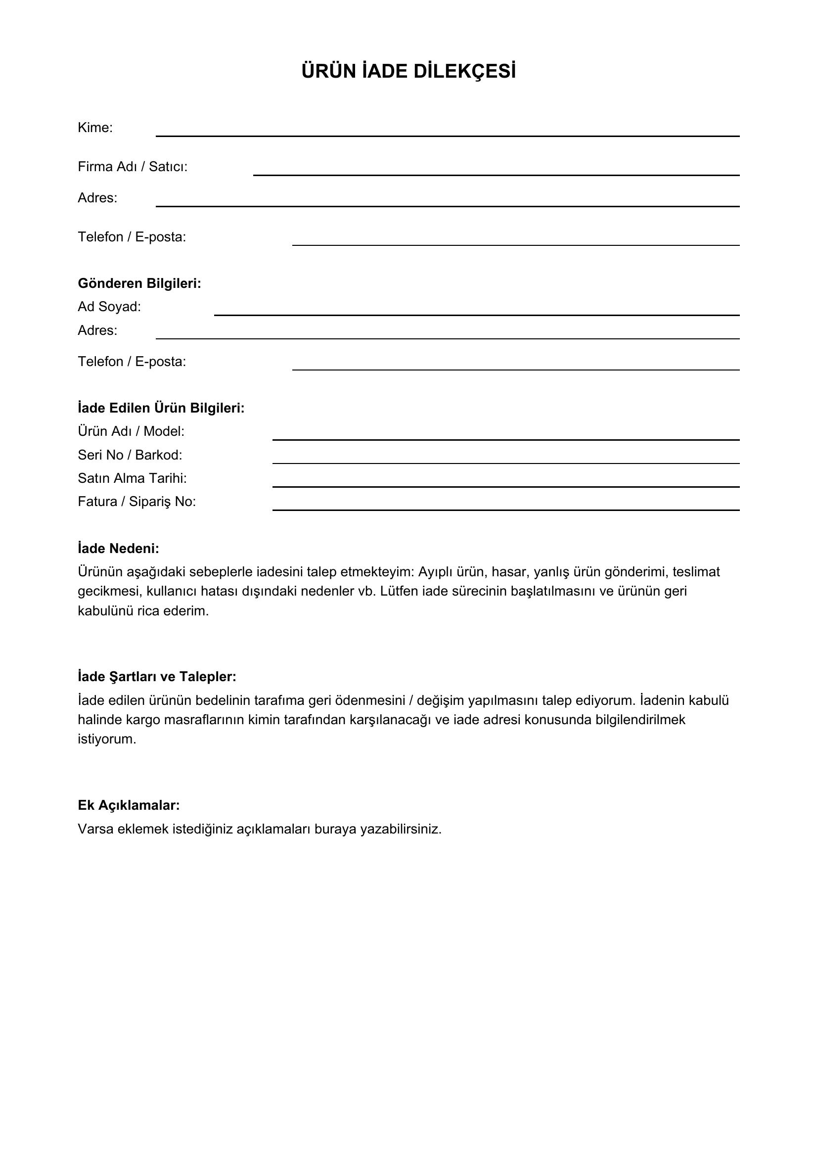Ürün Iade Dilekçesi