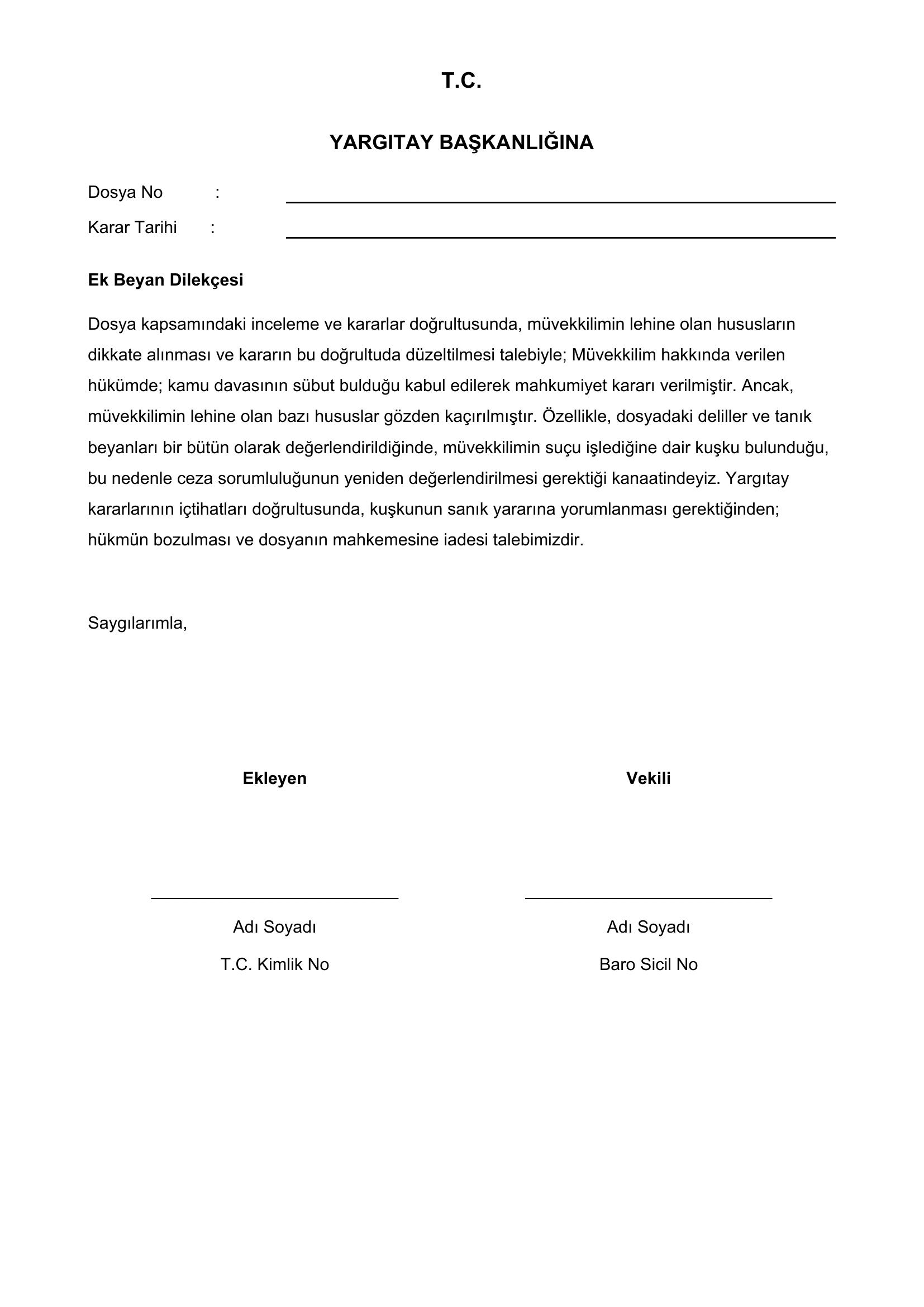 Yargıtay'A Ek Beyan Dilekçesi Örneği Ceza