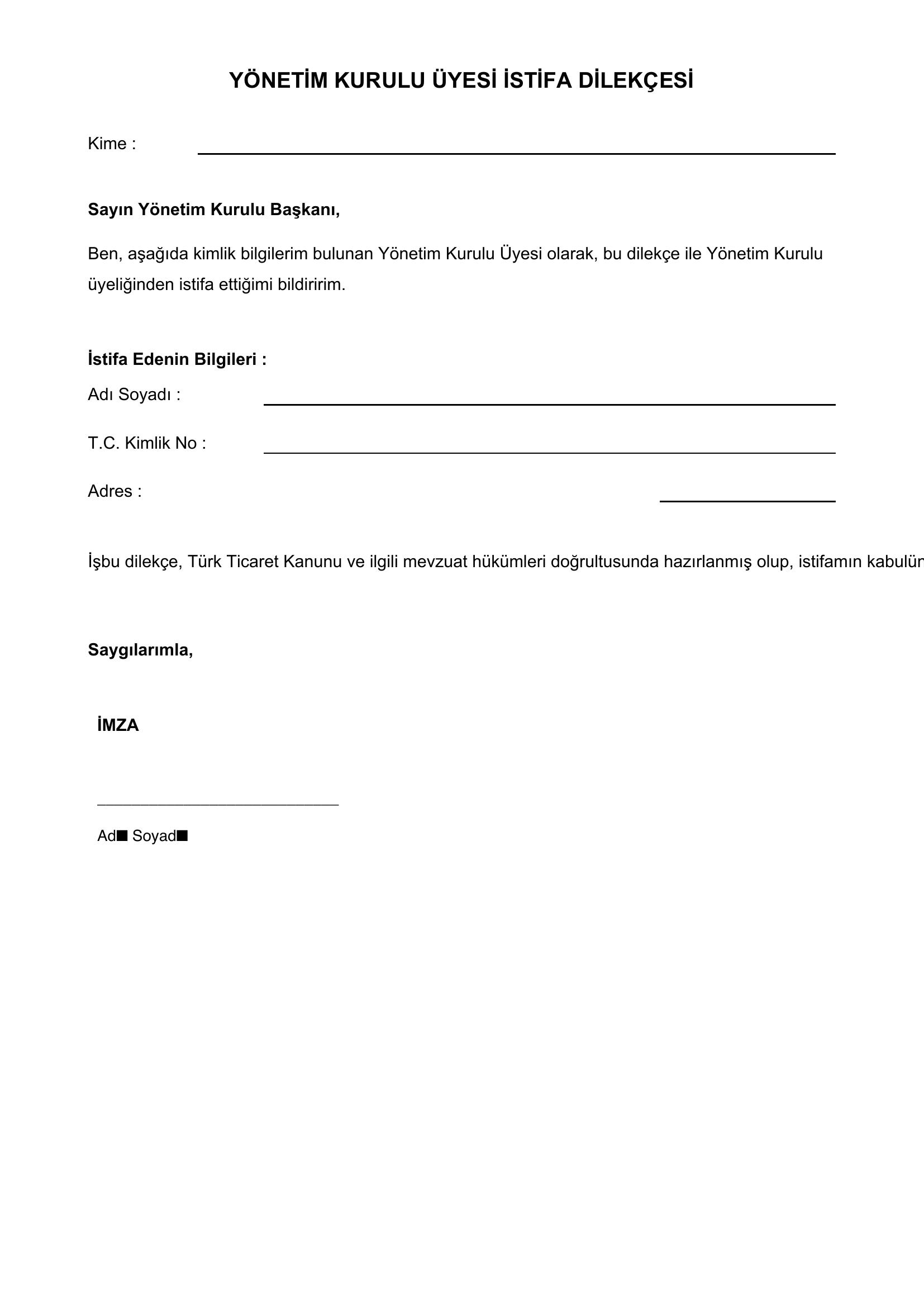 Yönetim Kurulundan Istifa Dilekçesi