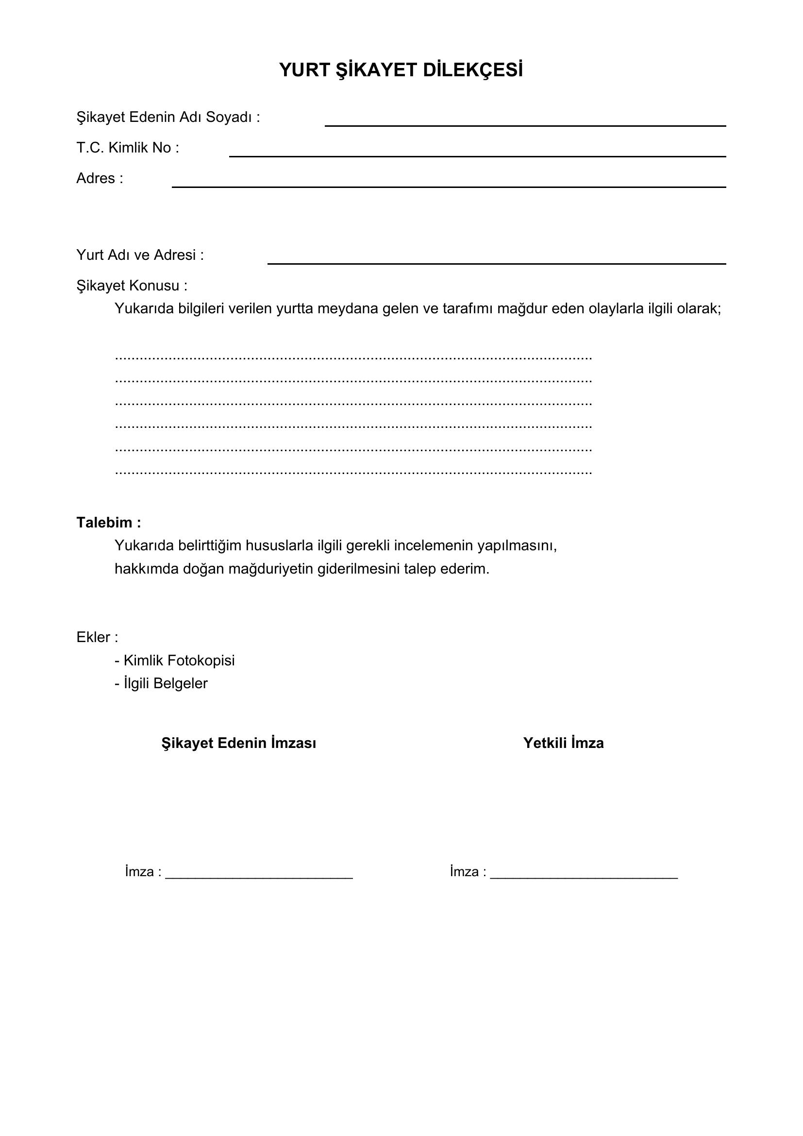 Yurt Şikayet Dilekçesi Örneği